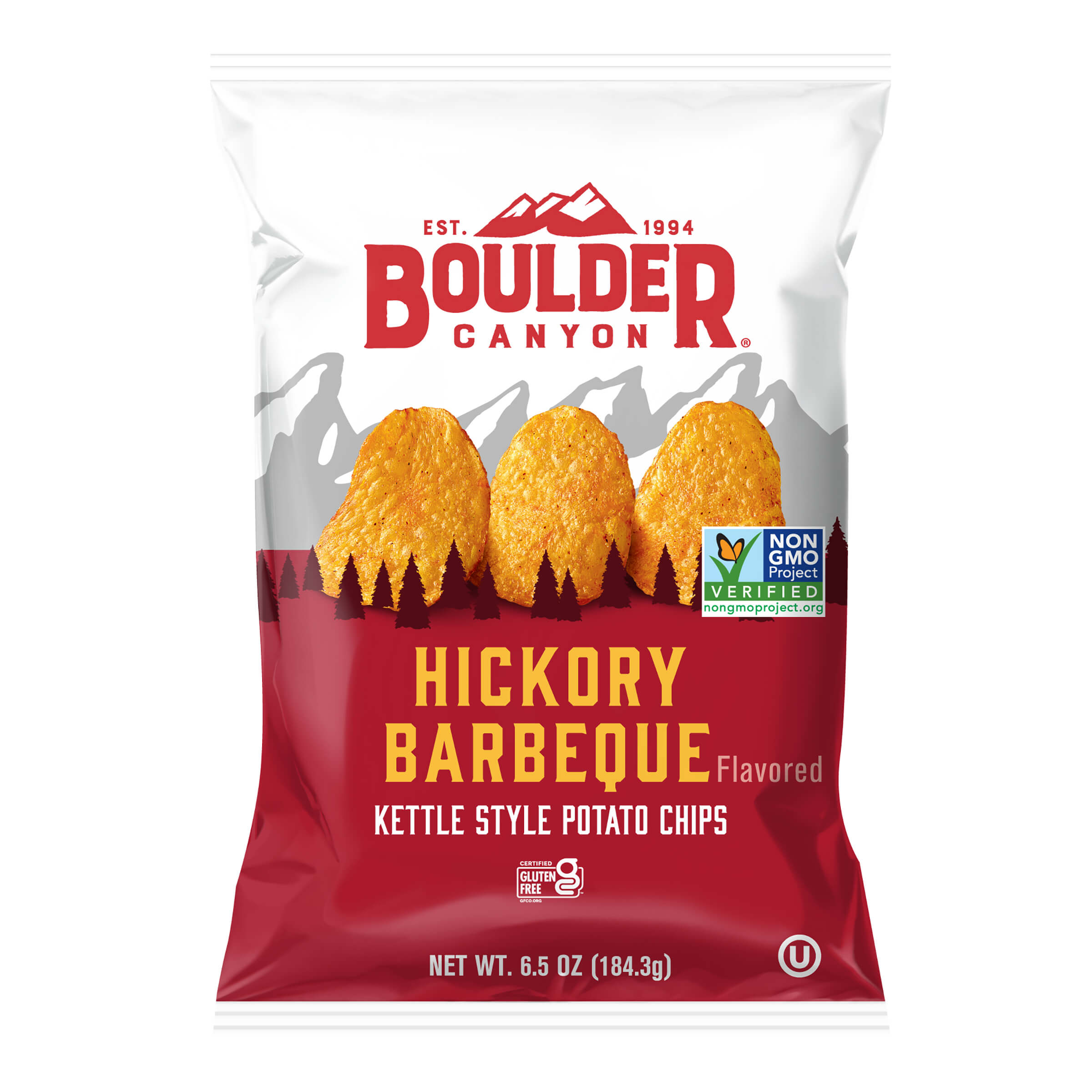 Boulder Canyon Hickory Barbeque kettle style potato chips packaging on a white background