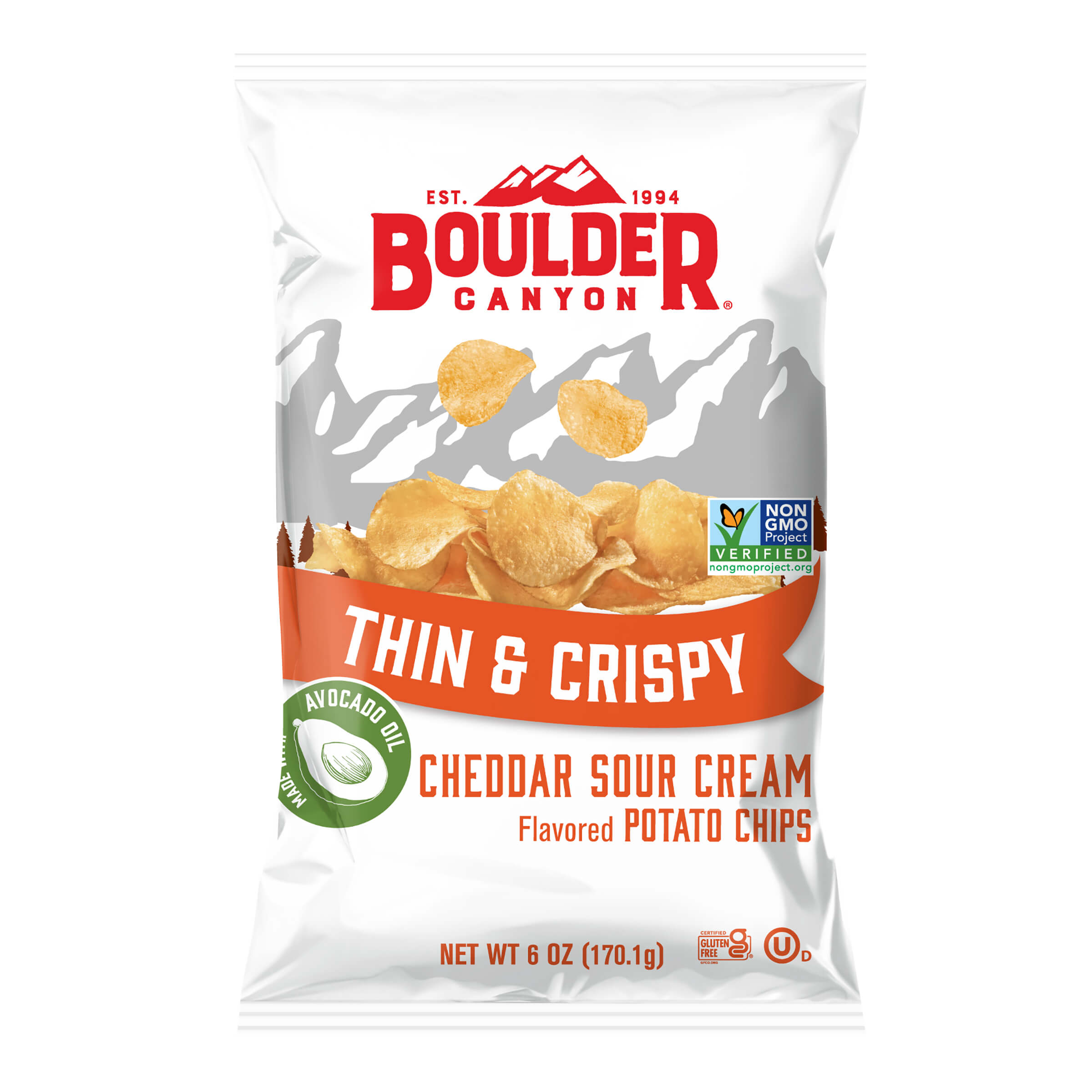 Boulder Canyon thin and crispy cheddar sour cream potato chips packaging on a white background