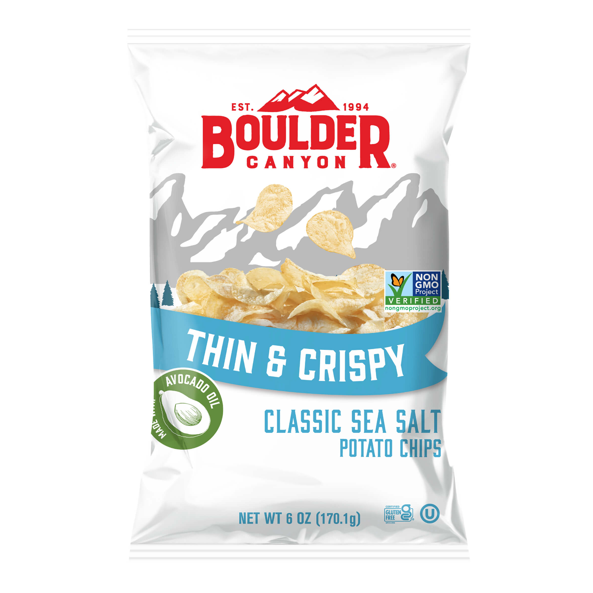 Boulder Canyon thin and crispy potato chips packaging on a white background
