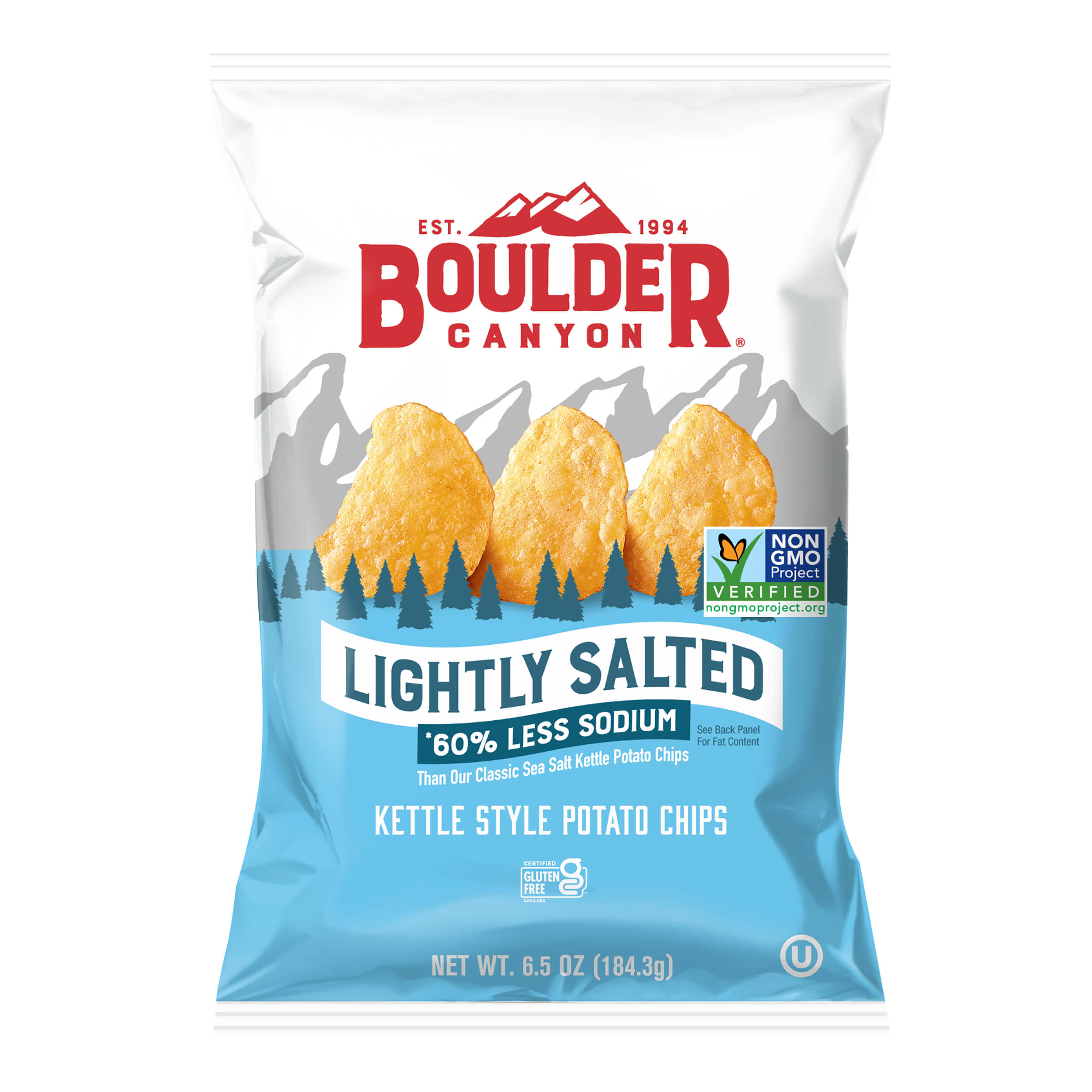Boulder Canyon kettle style potato chips packaging on a white background