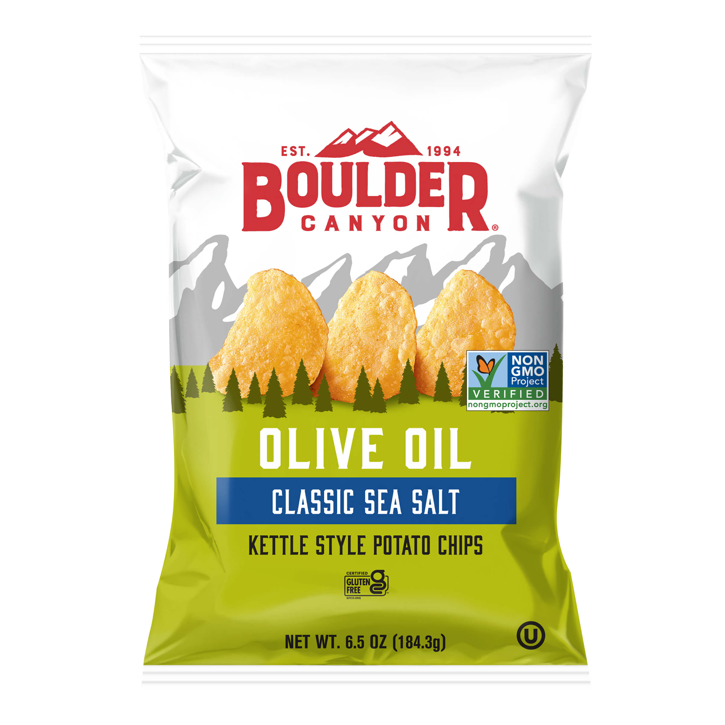 Boulder Canyon olive oil classic sea salt kettle style potato chips packaging on a white background