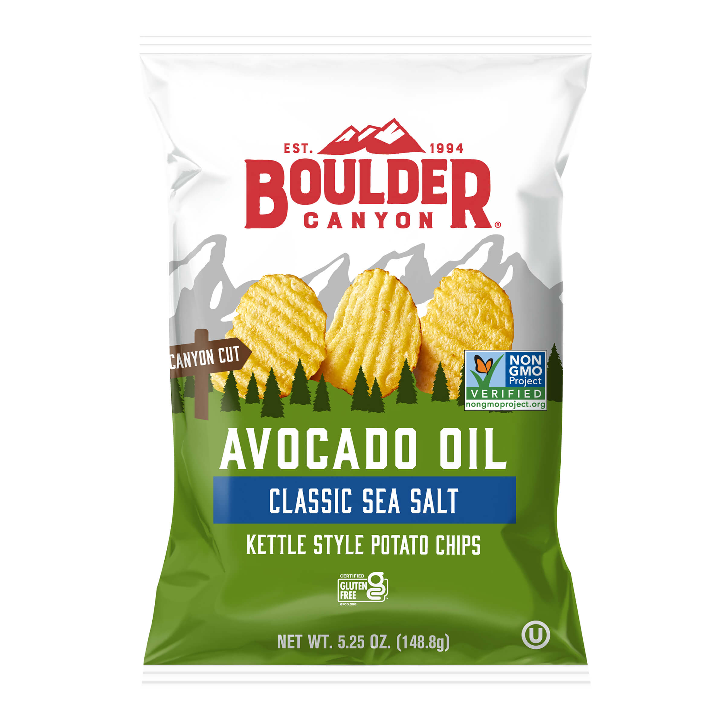Boulder Canyon avocado oil kettle style potato chips packaging on a white background