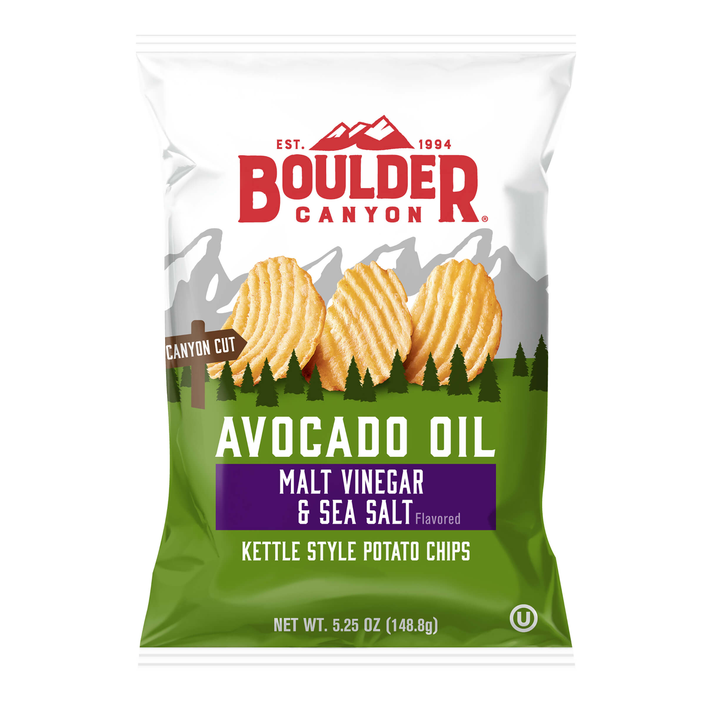 Boulder Canyon avocado oil kettle style potato chips packaging on a white background