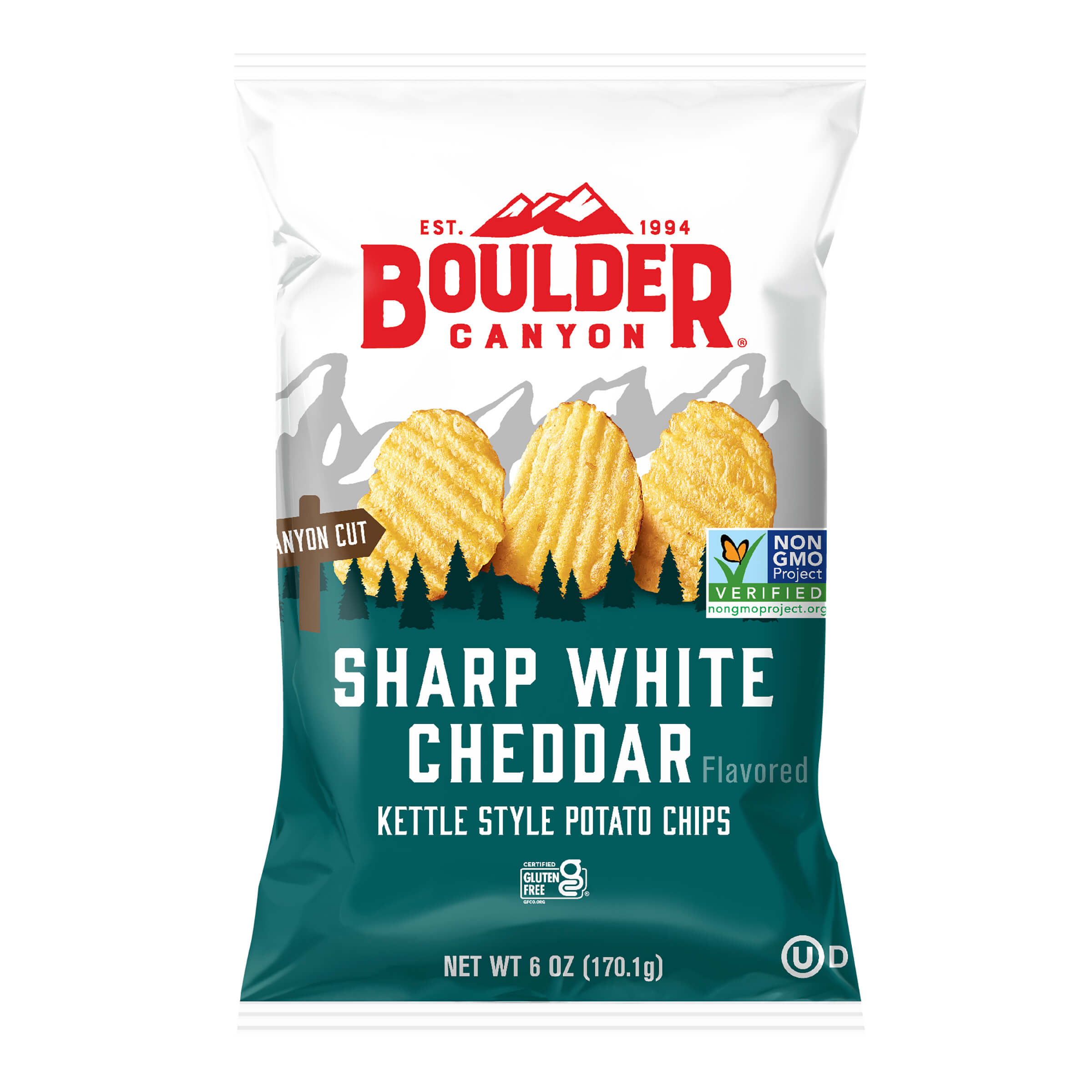 Boulder Canyon Sharp White Cheddar kettle style potato chips packaging on a white background