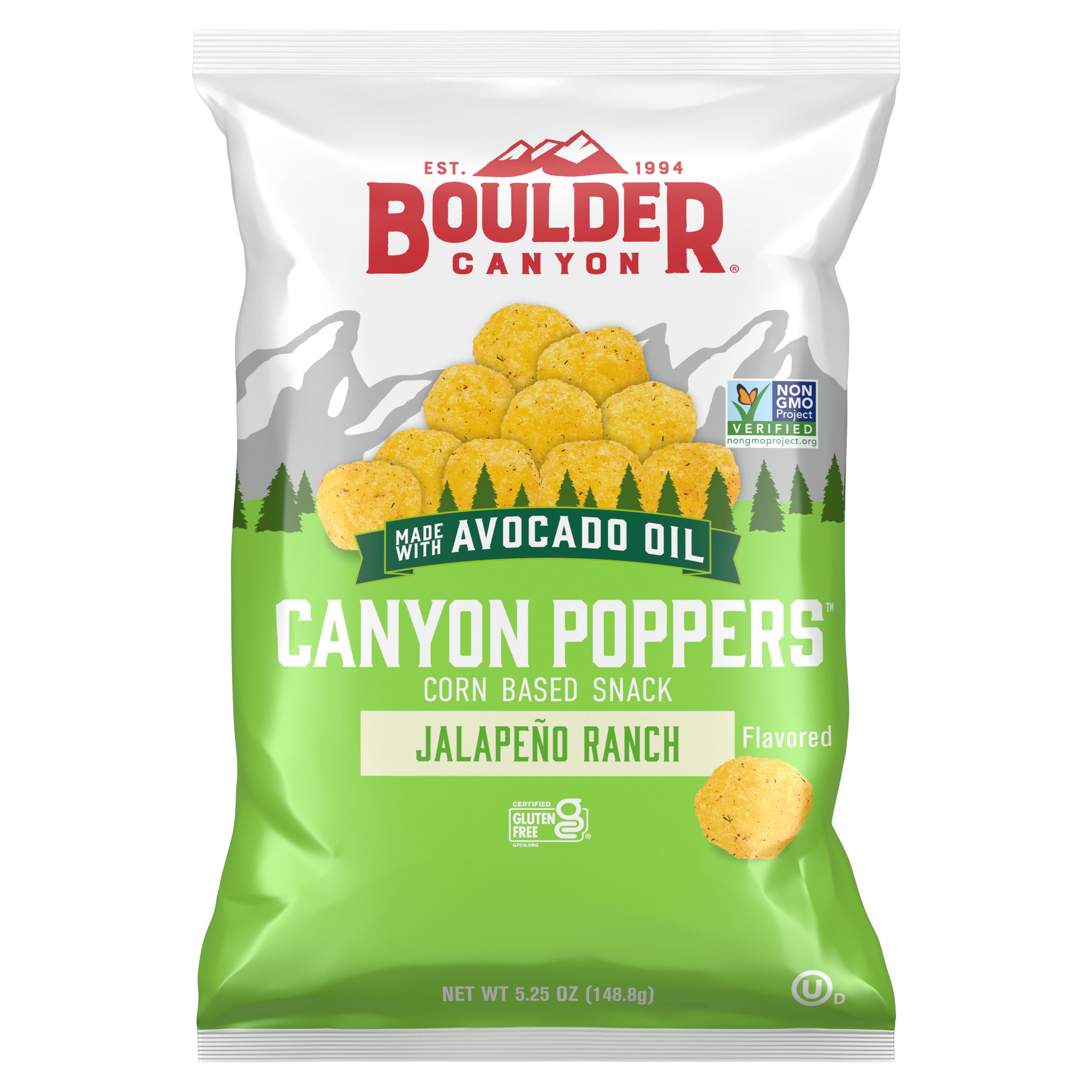 Boulder Canyon Canyon Poppers snack bag with avocado oil on a white background
