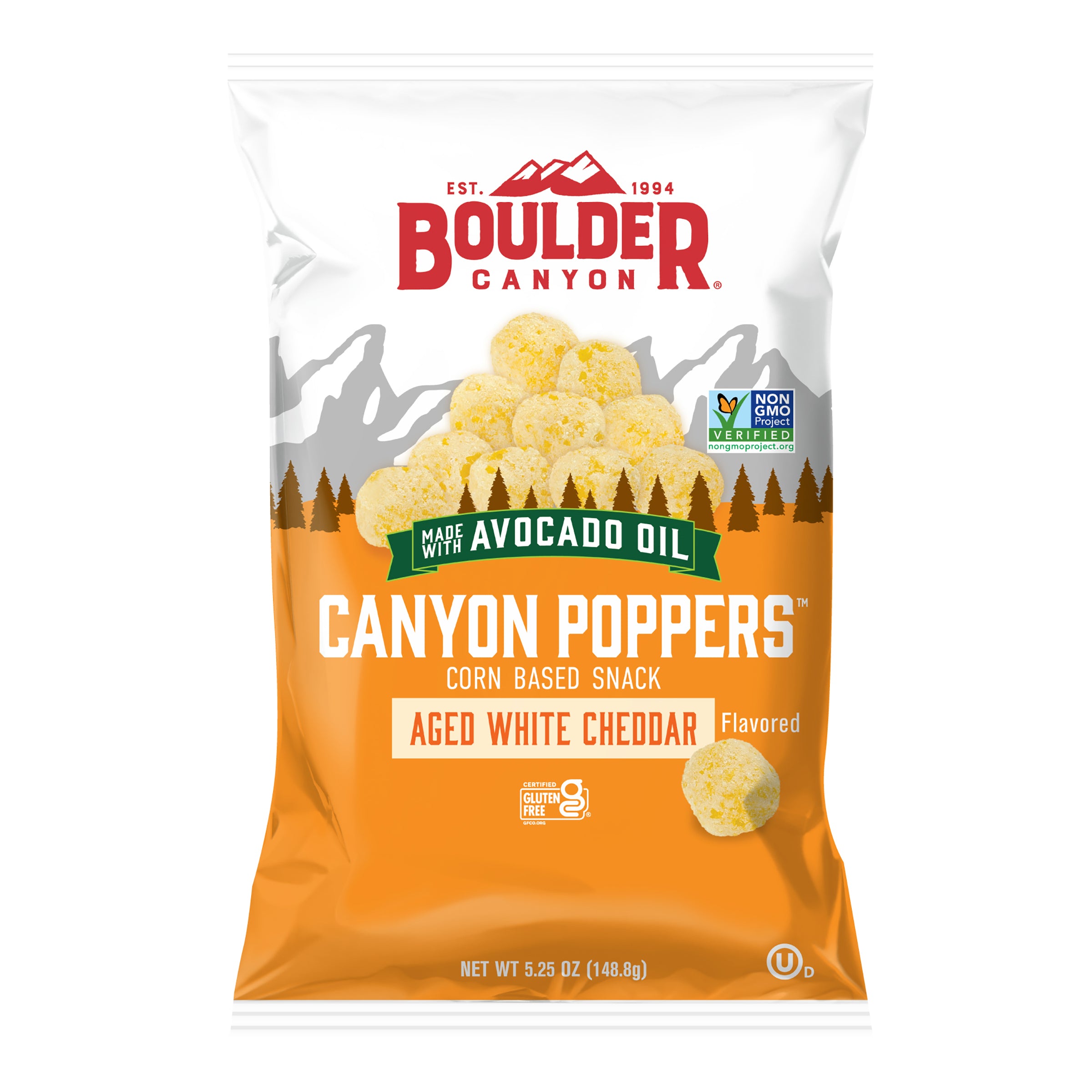 Boulder Canyon Canyon Poppers snack package with avocado oil on a white background