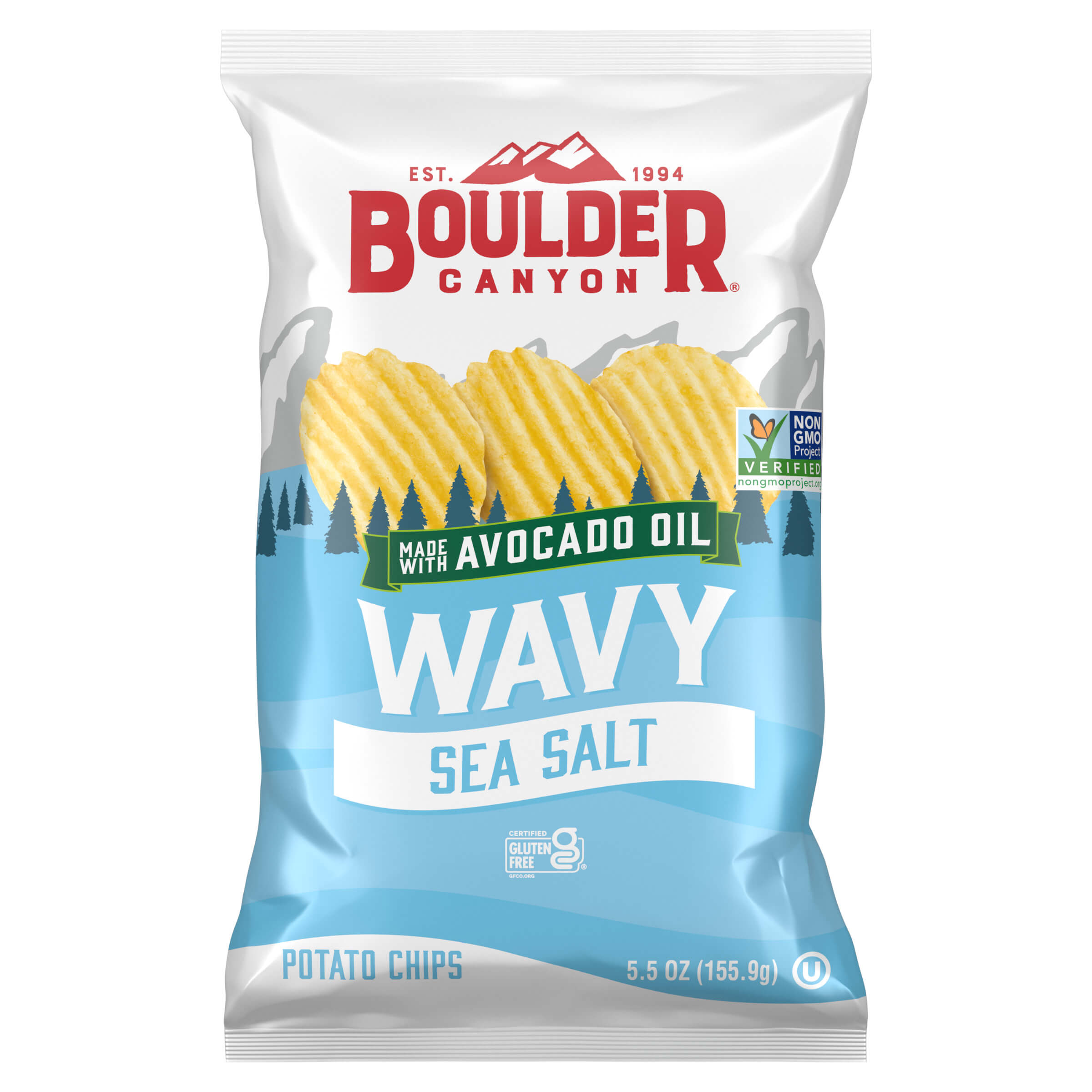 Boulder Canyon Wavy Sea Salt potato chips packaging on a white background