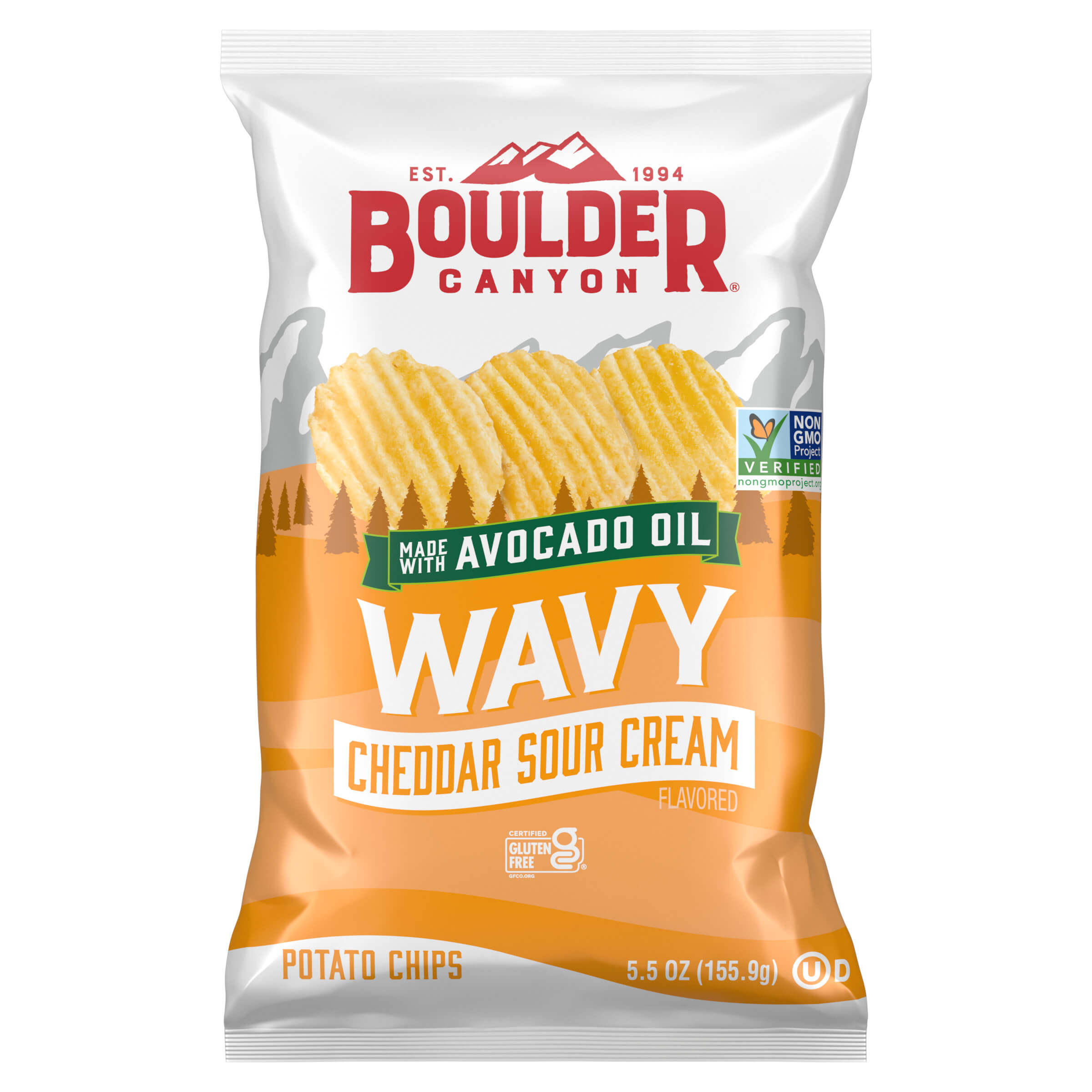 Boulder Canyon Wavy Cheddar Sour Cream potato chips packaging on a white background