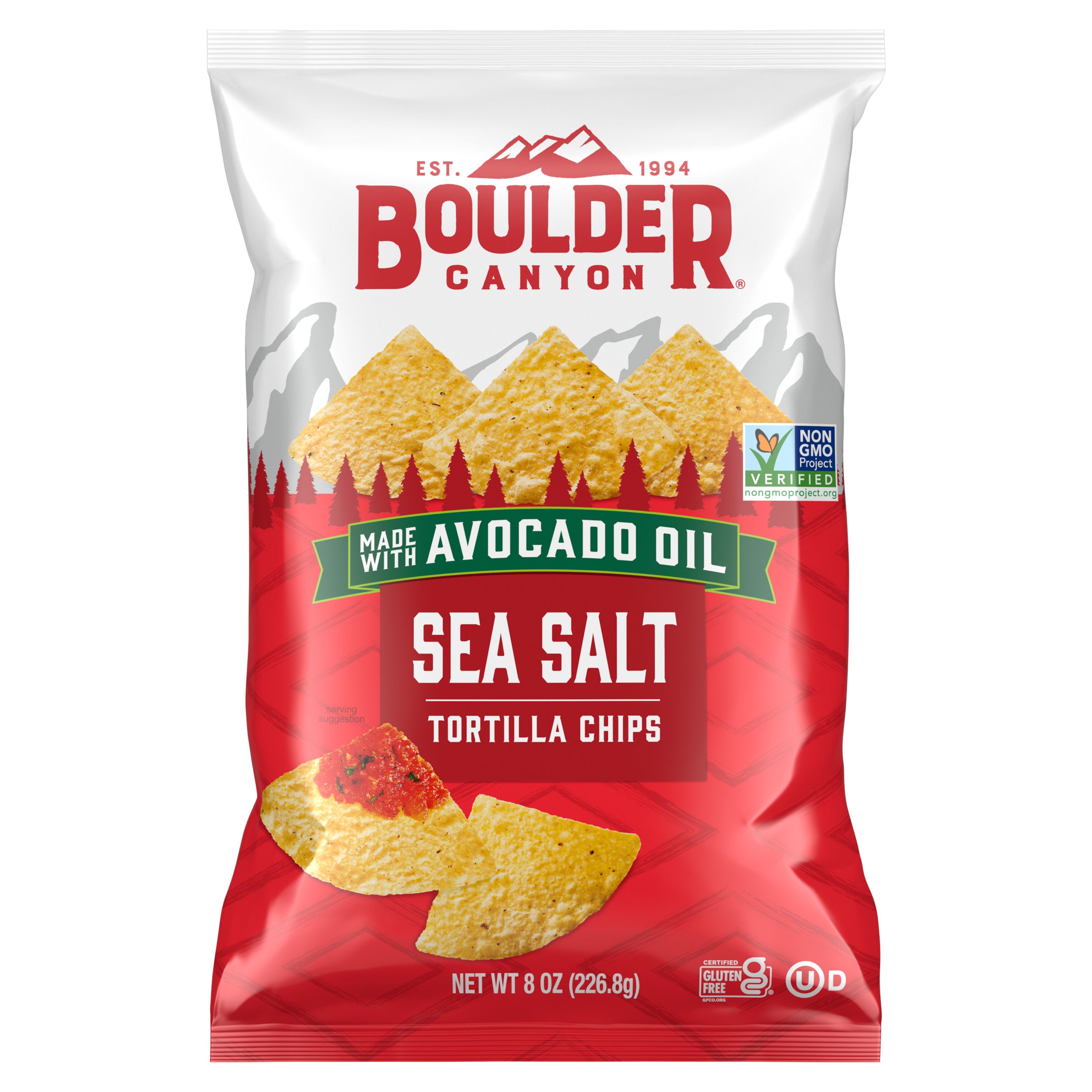 Boulder Canyon tortilla chips packaging with avocado oil and sea salt flavor on a white background
