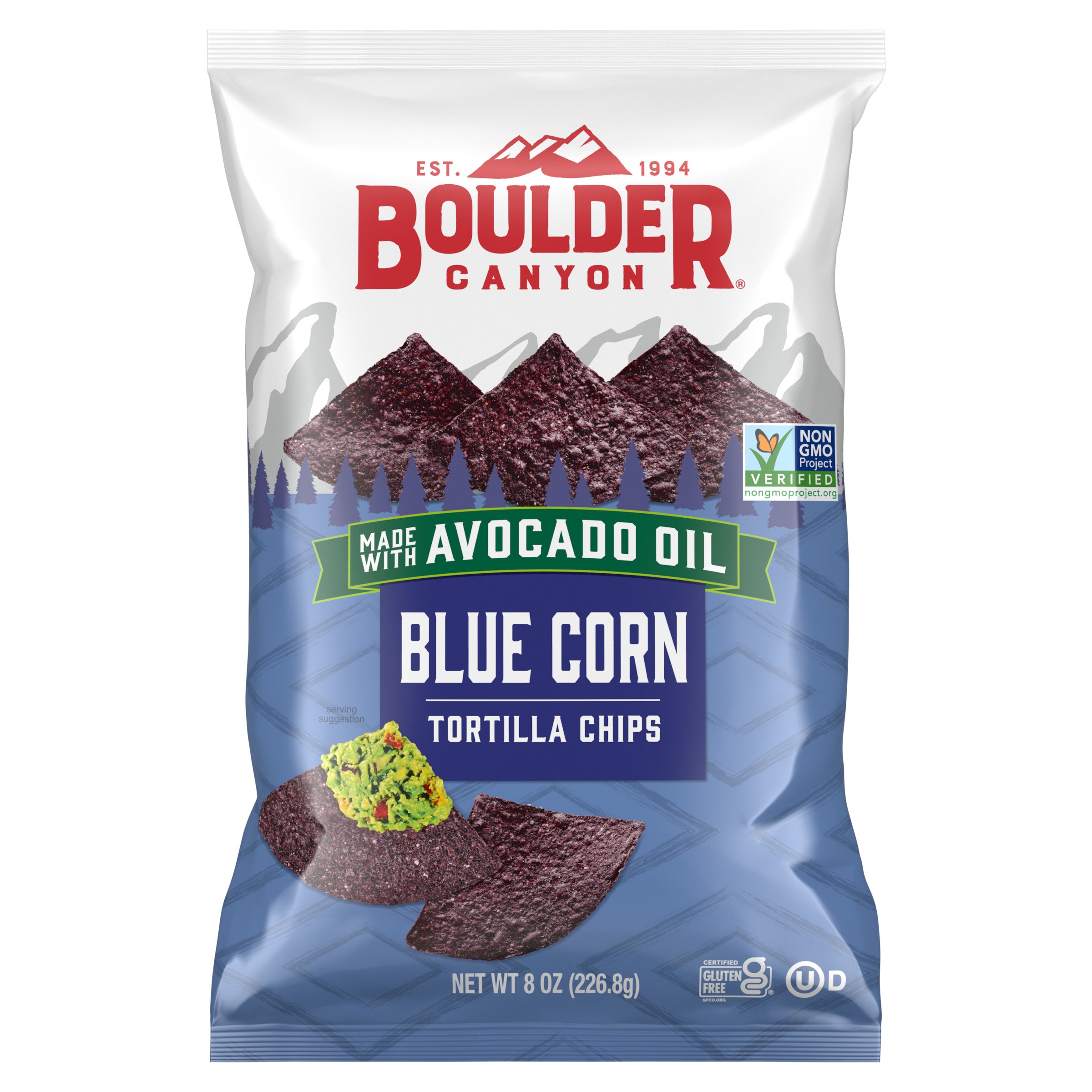 Boulder Canyon blue corn tortilla chips packaging with avocado oil indication on a white background