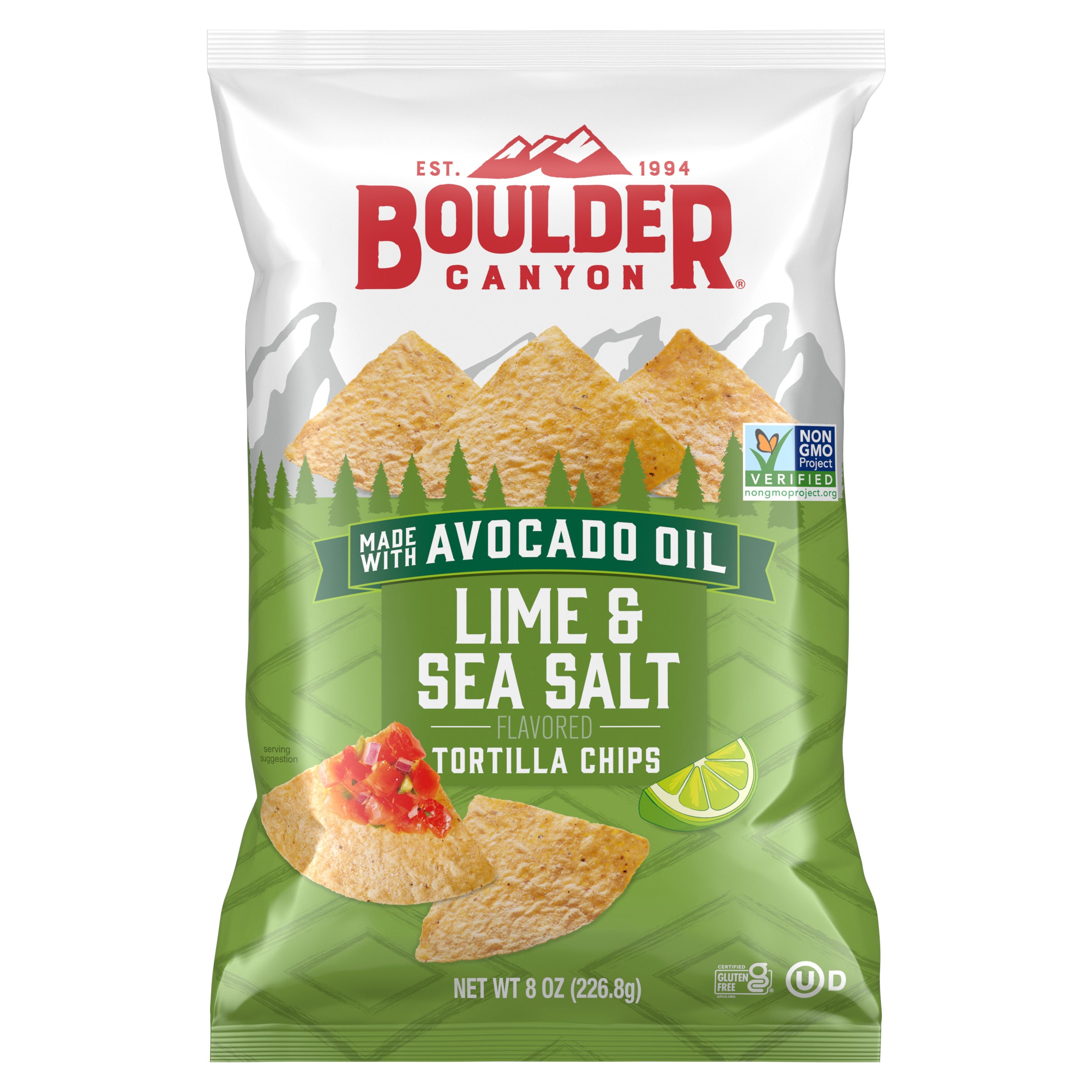 Boulder Canyon avocado oil lime & sea salt tortilla chips packaging on a white background