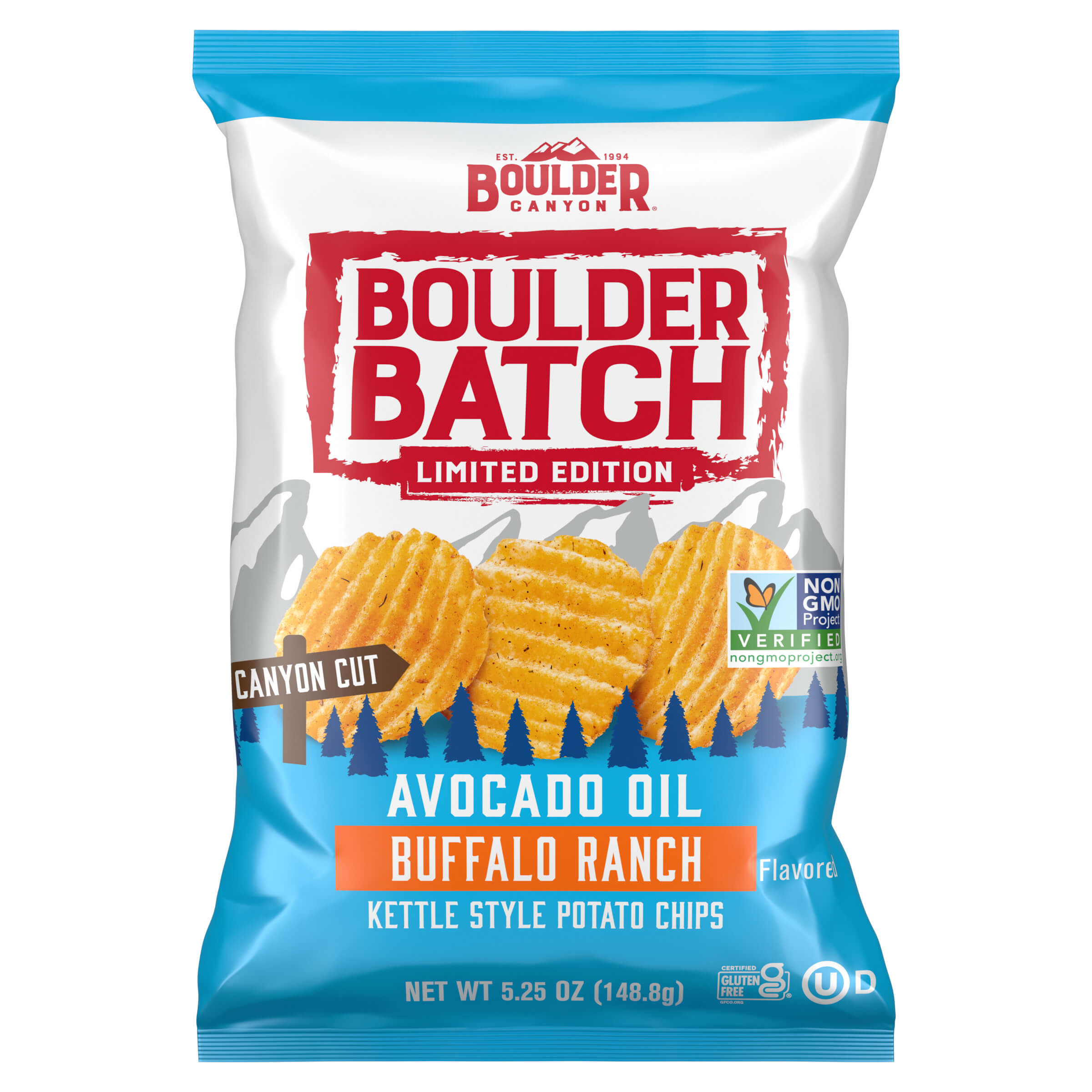 Boulder Batch avocado oil buffalo ranch kettle style potato chips packaging on a white background