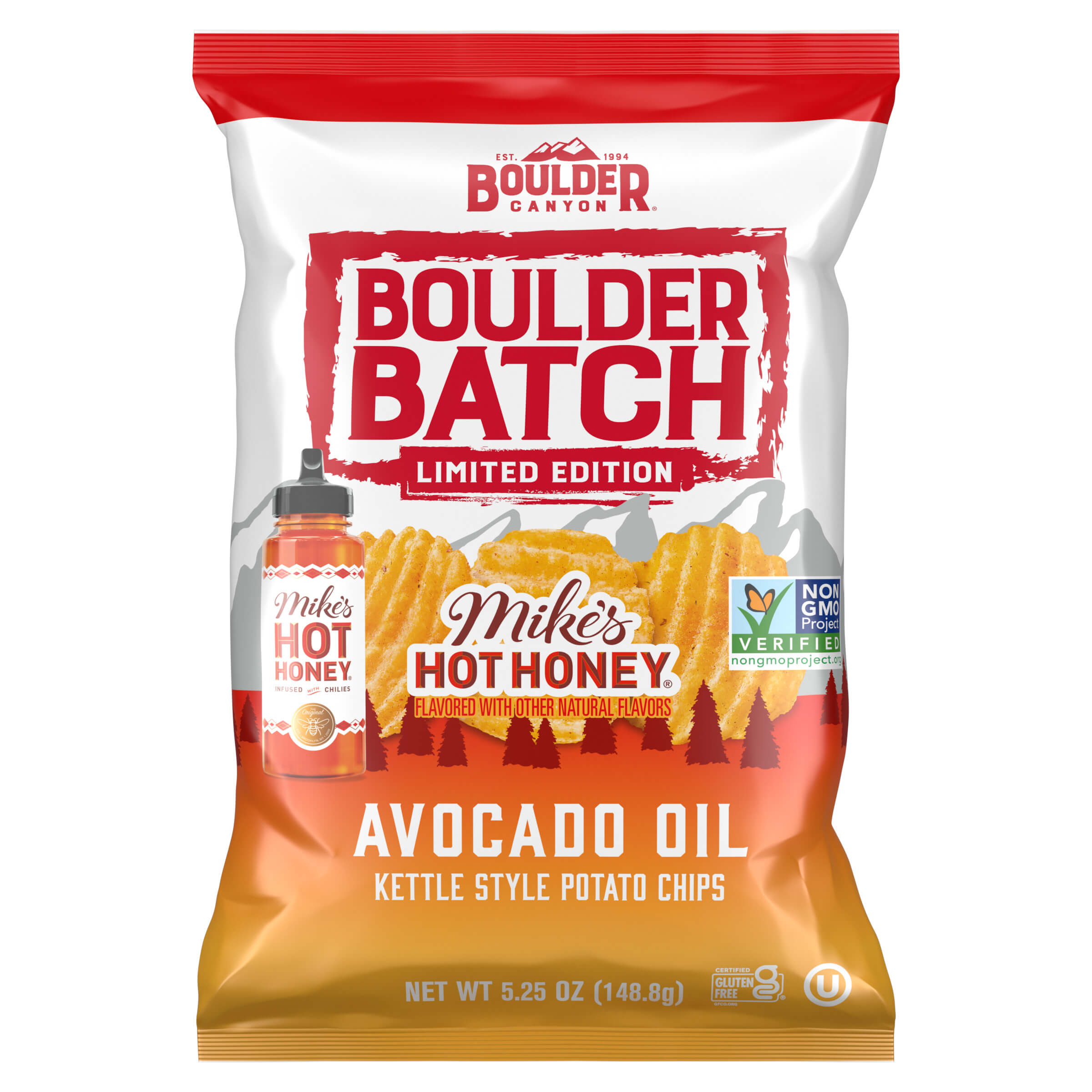 Boulder Batch Mike's Hot Honey flavored avocado oil kettle style potato chips packaging.