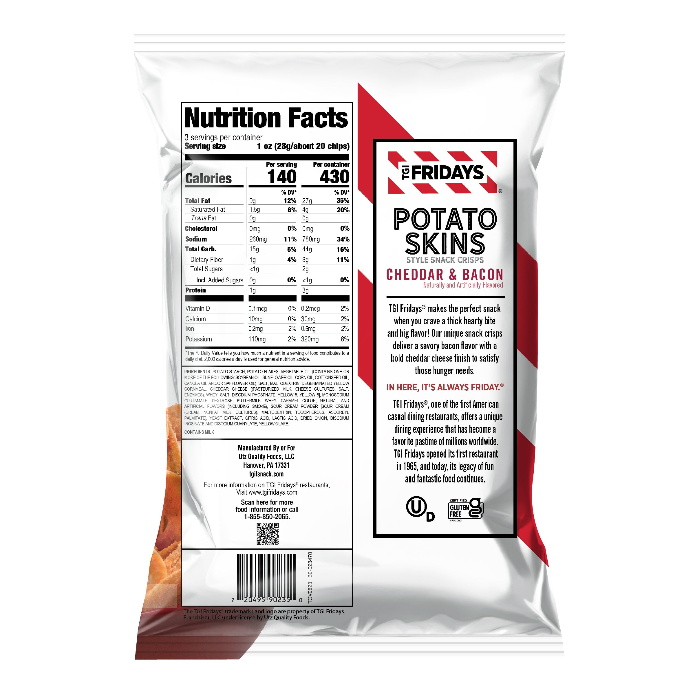 Package of TGI Friday's Potato Skins with nutrition facts and branding on a white background