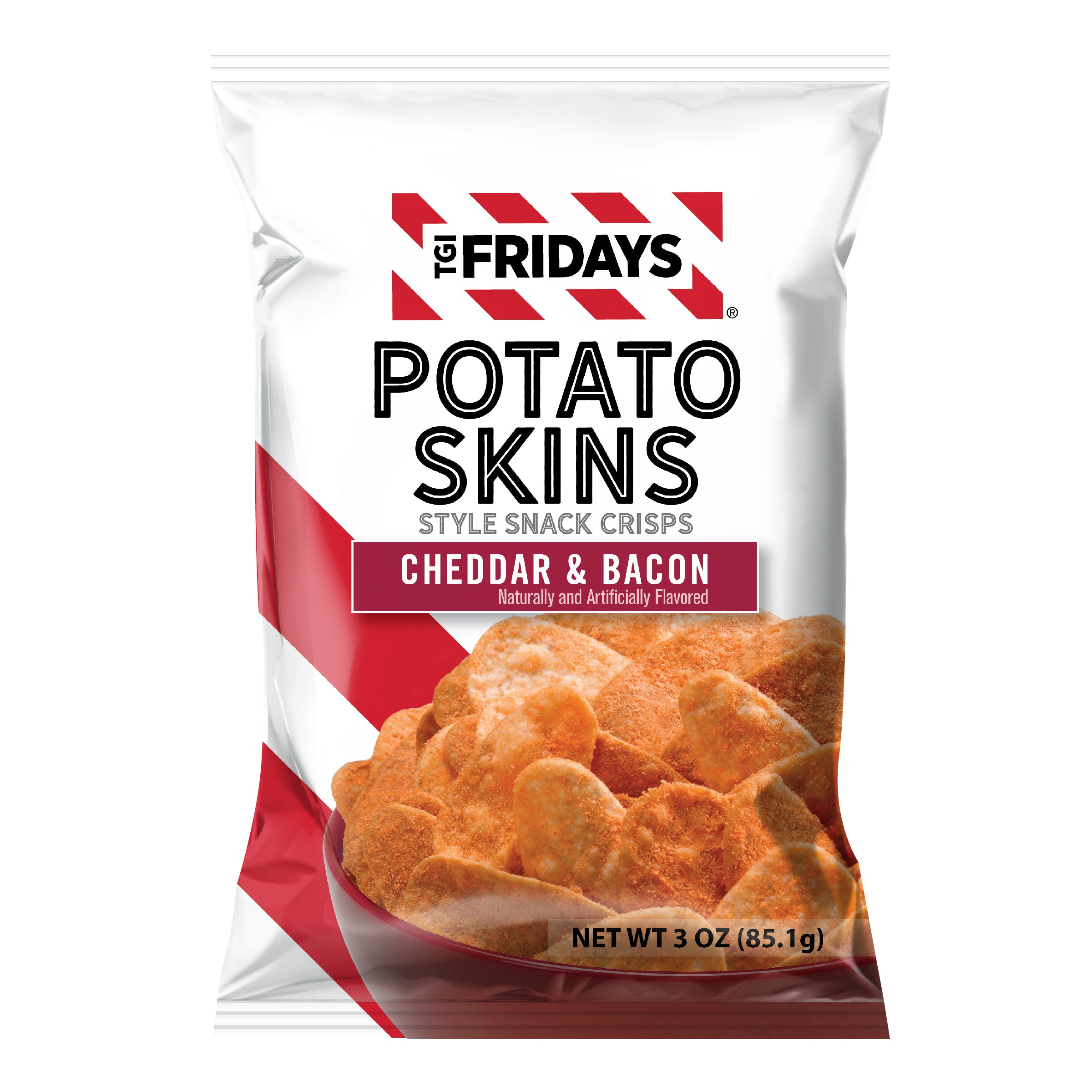 Package of TGI Fridays Potato Skins Cheddar & Bacon flavor on a white background
