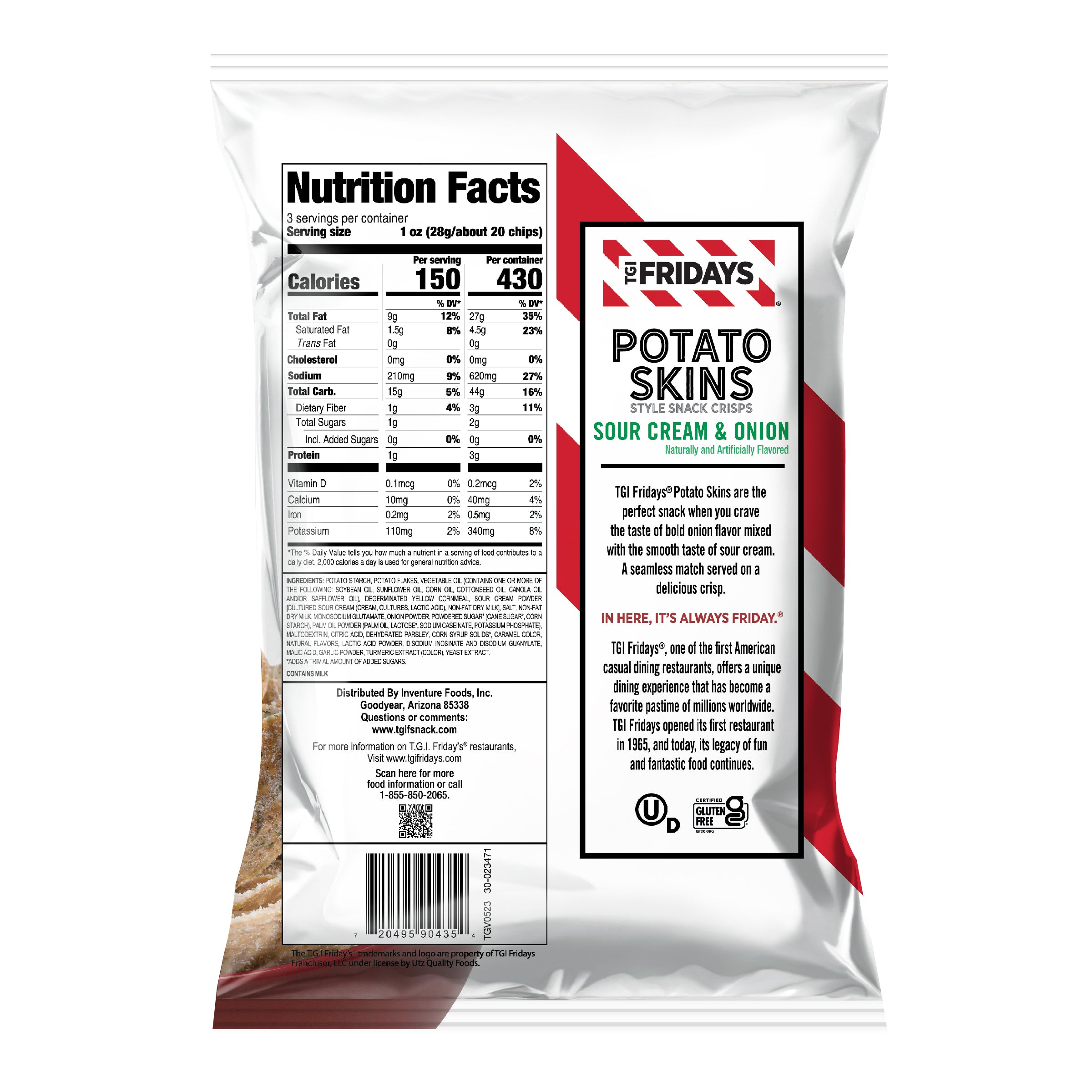 Package of TGI Fridays Potato Skins with nutrition facts and branding on a white background