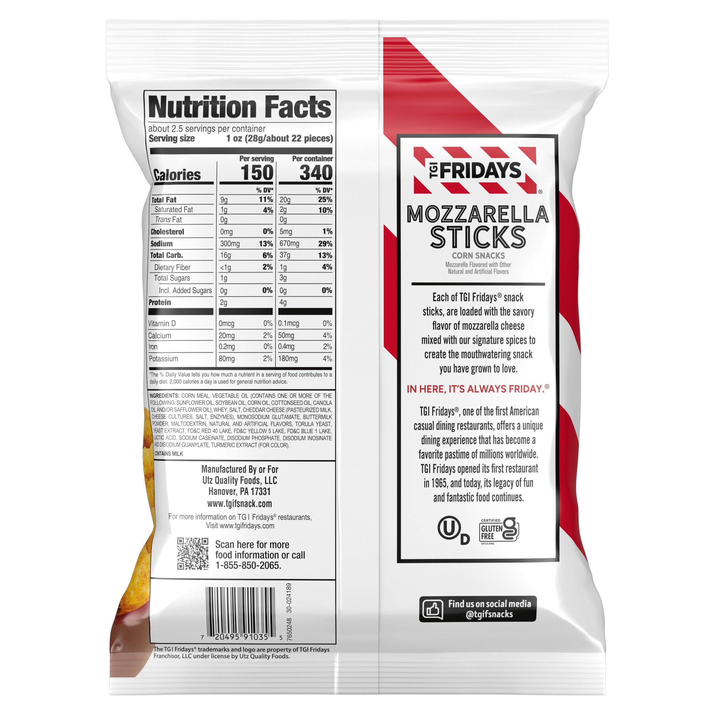 Back of a snack package with nutrition facts and branding details.