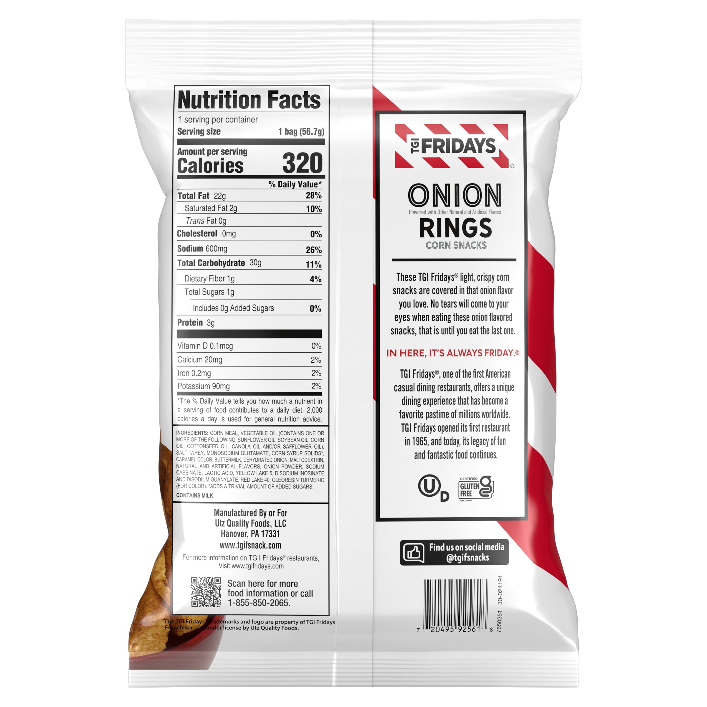 Back view of a bag of onion rings with nutrition facts and branding on a white background