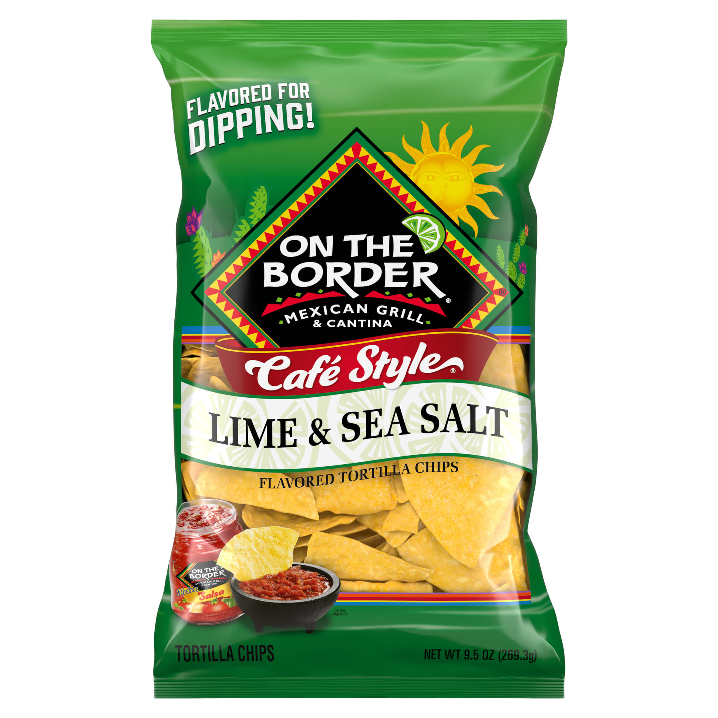 Bag of 'On The Border' lime and sea salt tortilla chips on a white background