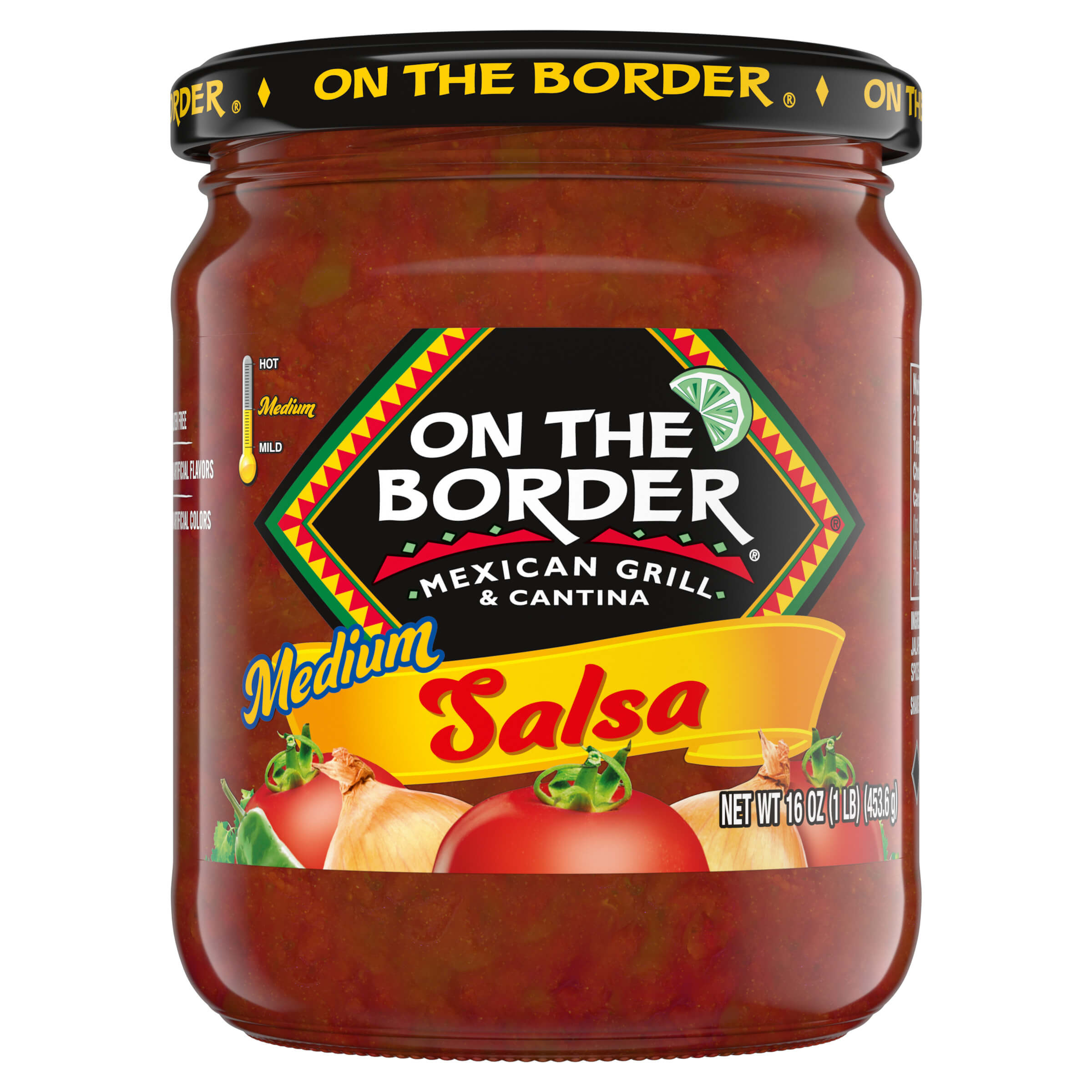 Jar of On The Border Medium Salsa on a white background