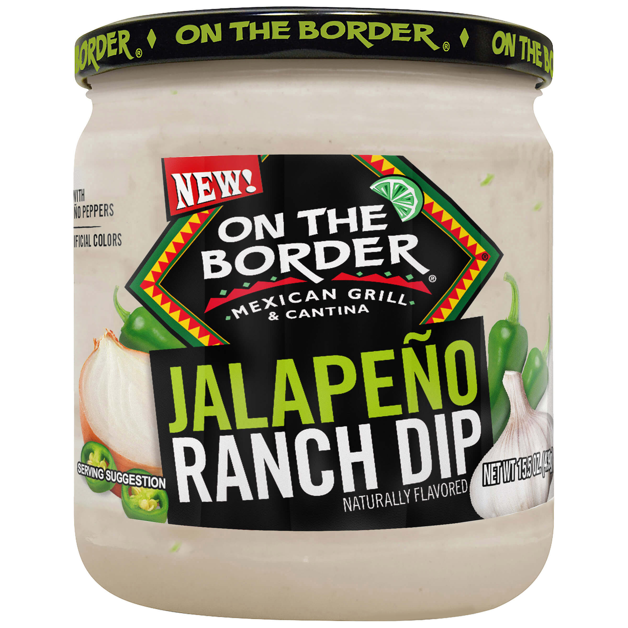 Jar of On The Border Jalapeño Ranch Dip on a white background