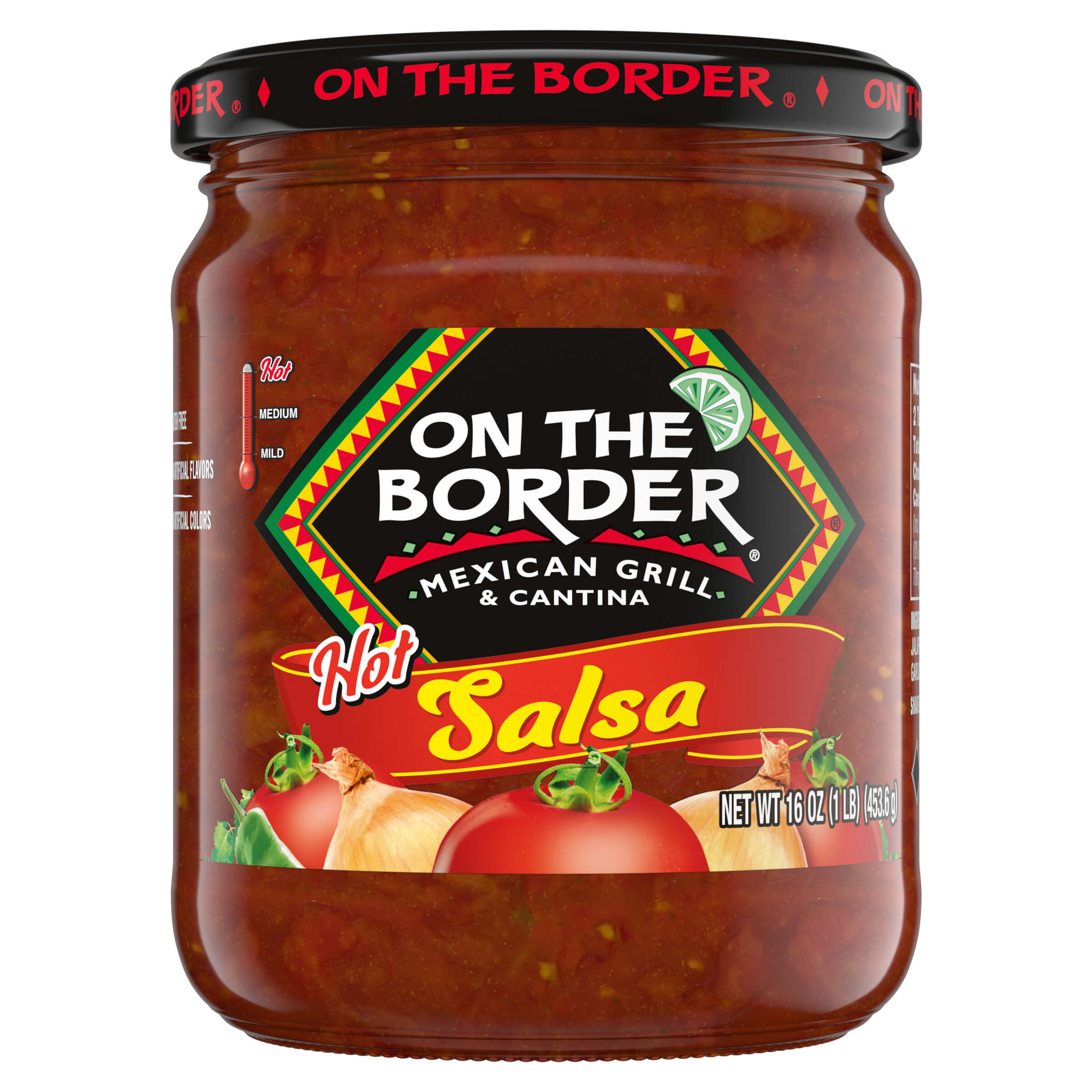 Jar of 'On The Border' hot salsa on a white background