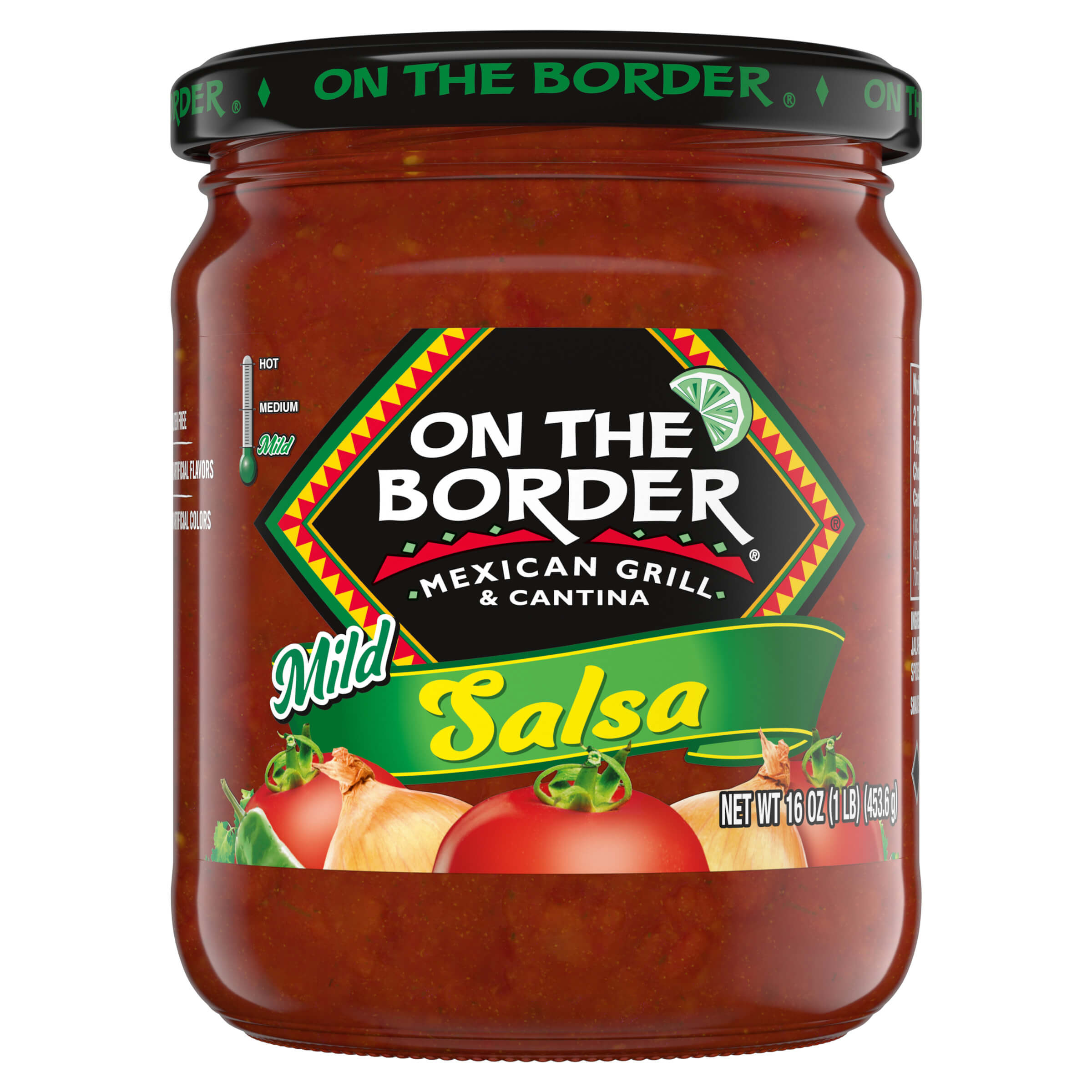 Jar of 'On The Border' salsa on a white background
