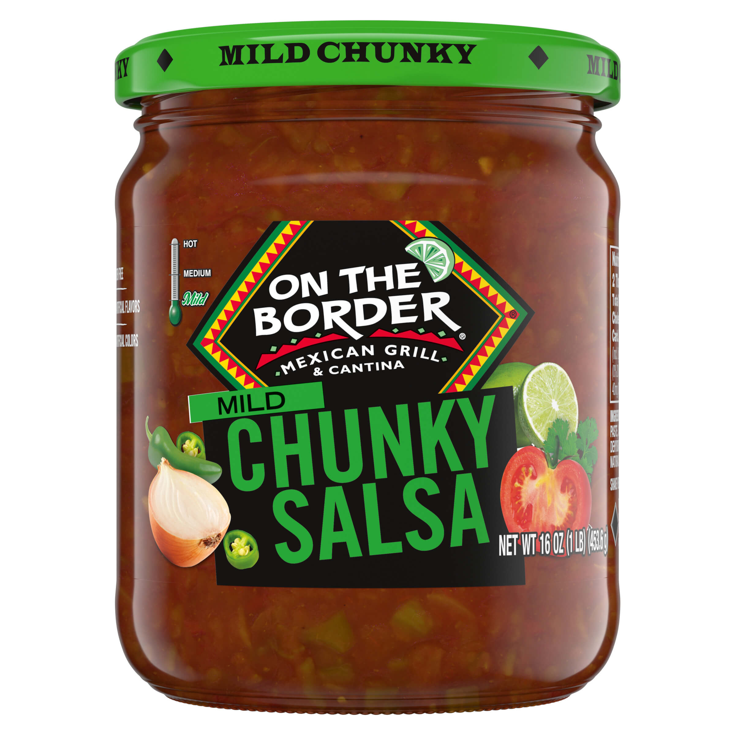 Jar of 'On The Border' Mild Chunky Salsa on a white background