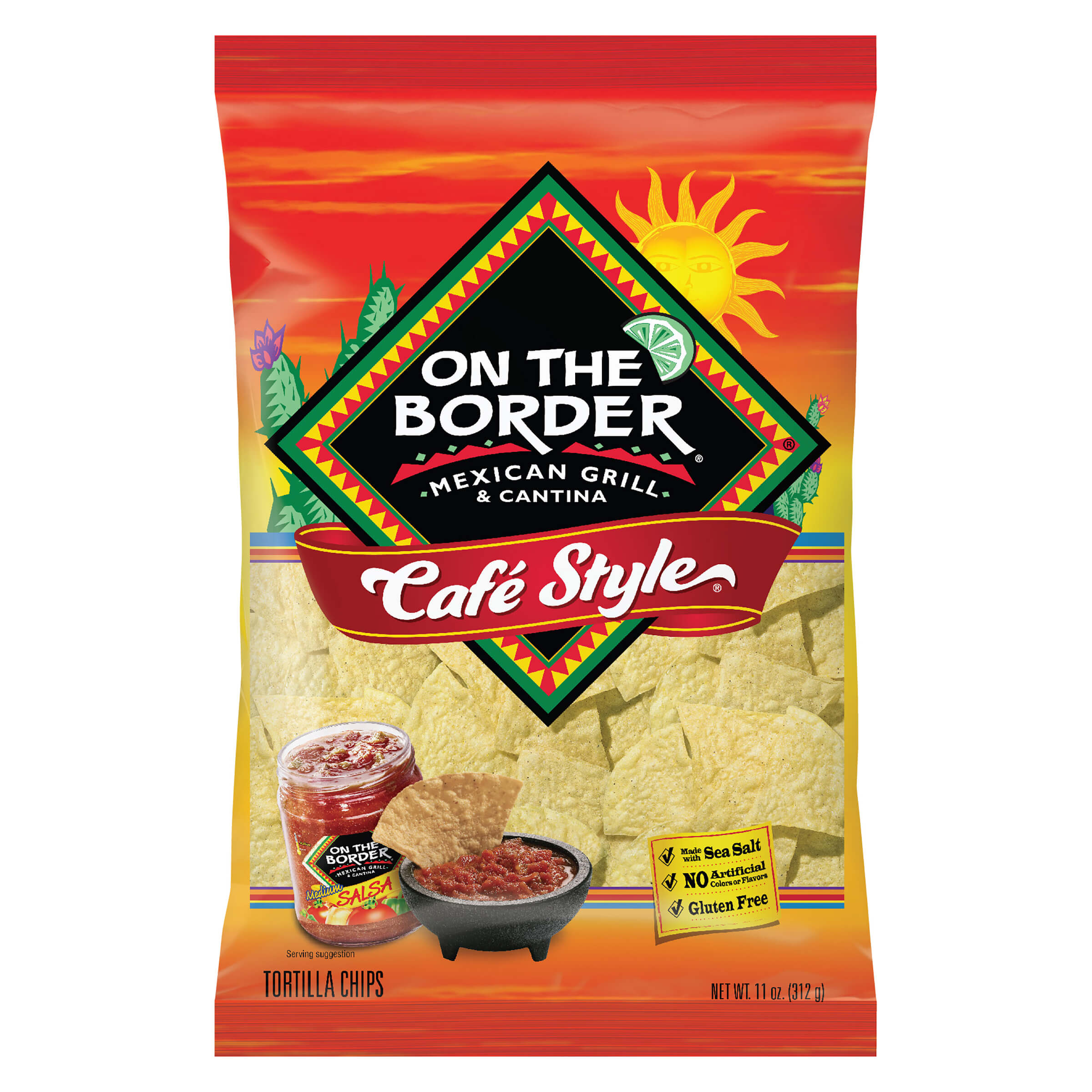 On The Border tortilla chips packaging with colorful design and branding.