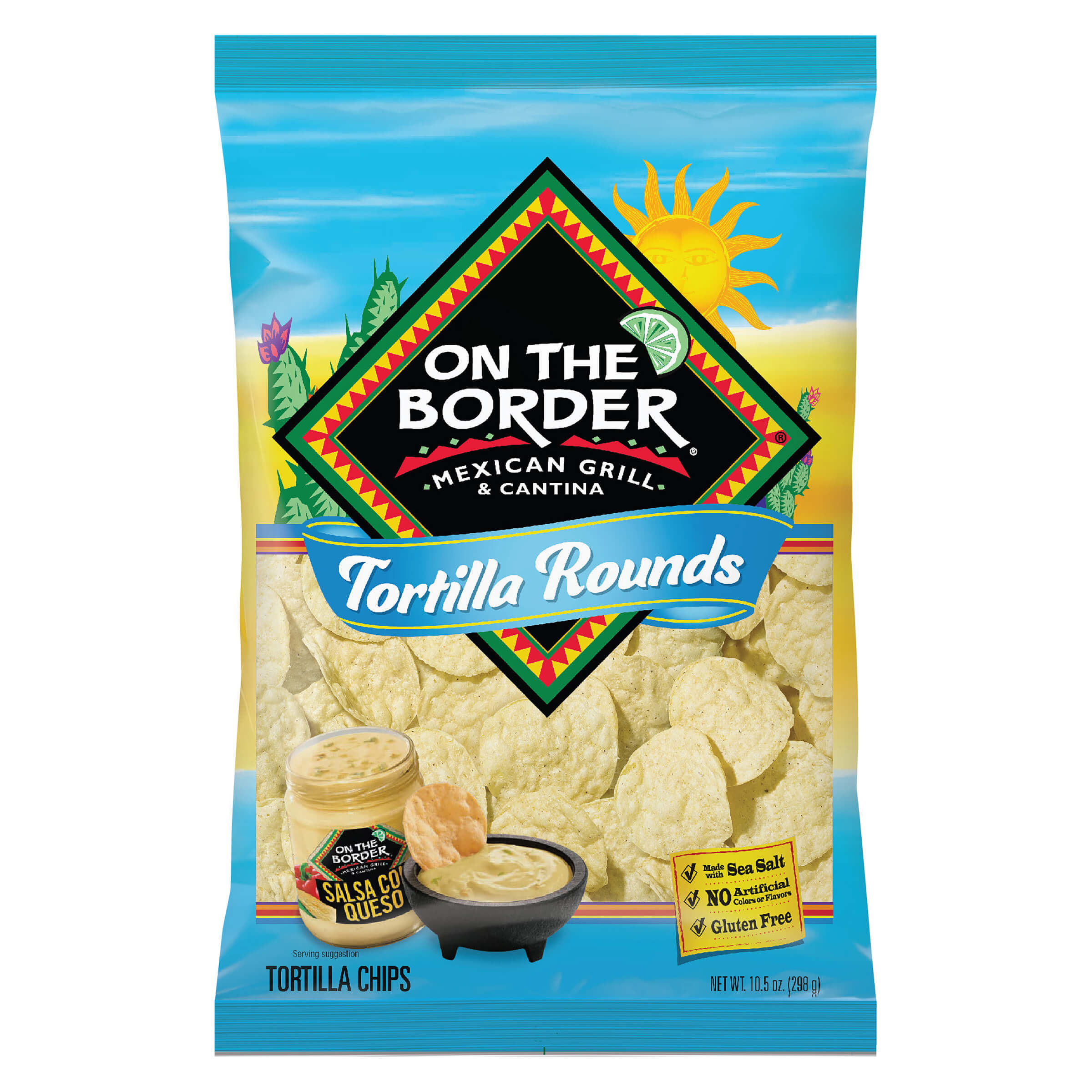 On The Border Tortilla Rounds packaging with blue background and tortilla chips image.