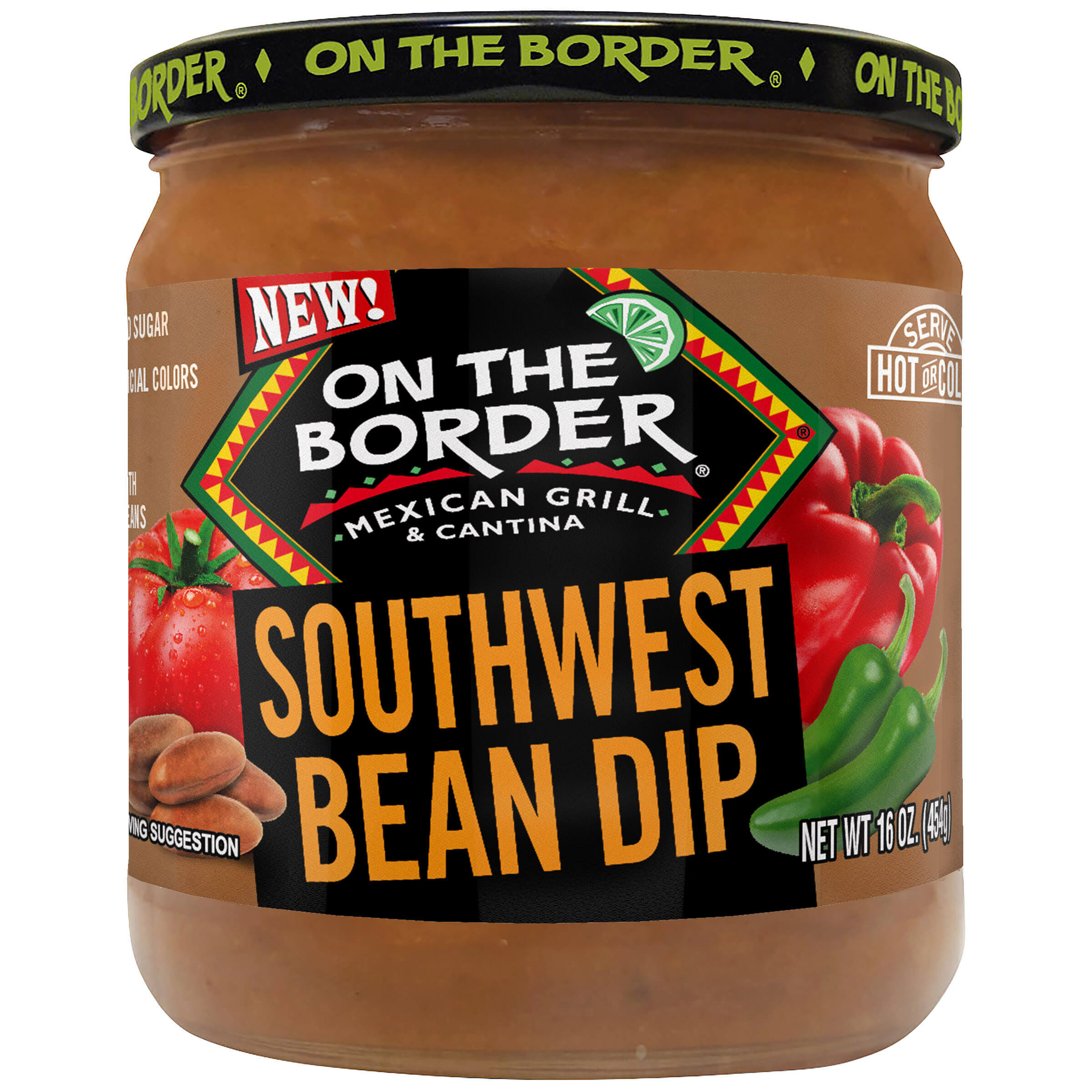 Jar of On The Border Southwest Bean Dip on a white background