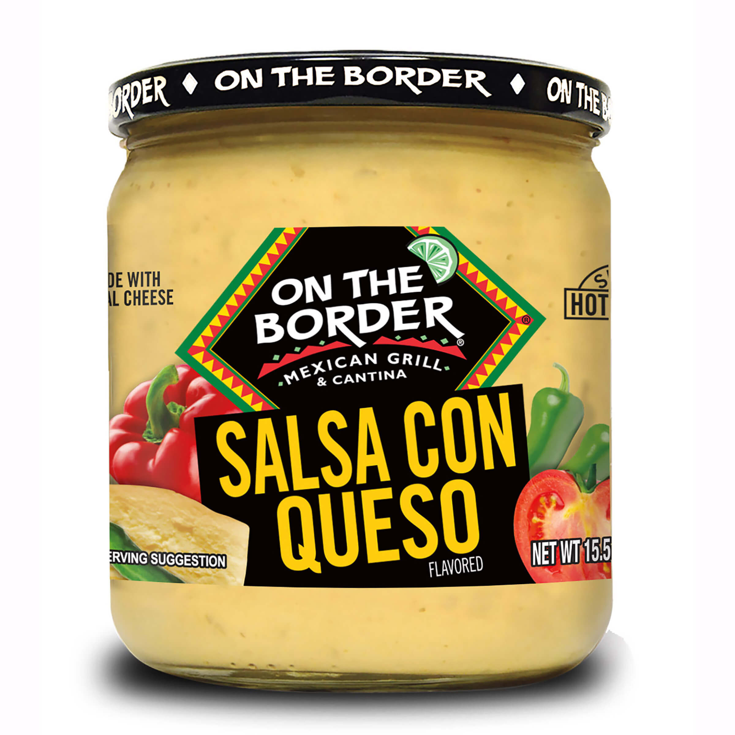 Jar of 'On The Border' Salsa Con Queso on a white background