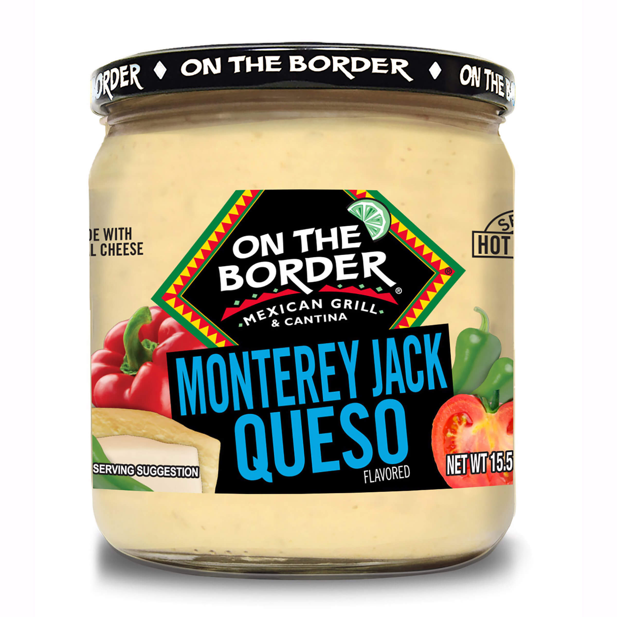 Jar of On The Border Monterey Jack Queso on a white background