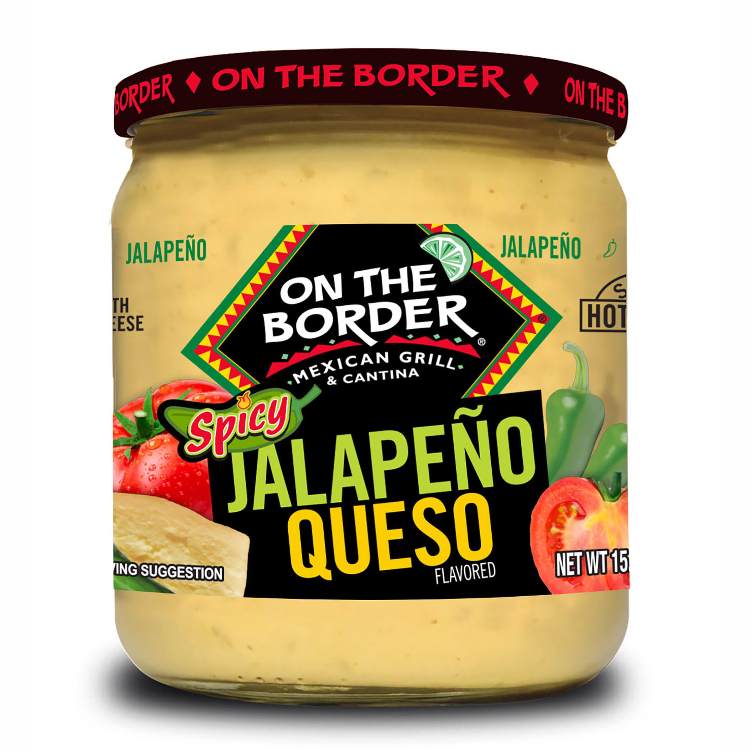 Jar of On The Border Spicy Jalapeño Queso on a white background