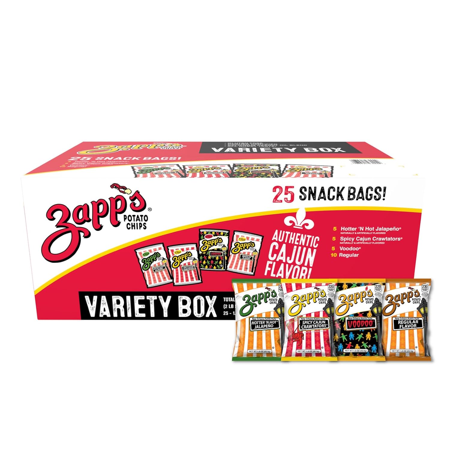 Zapp’s New Orleans Kettle-Style Potato Chips Variety Pack (1.5 oz Bags, 25 Count)