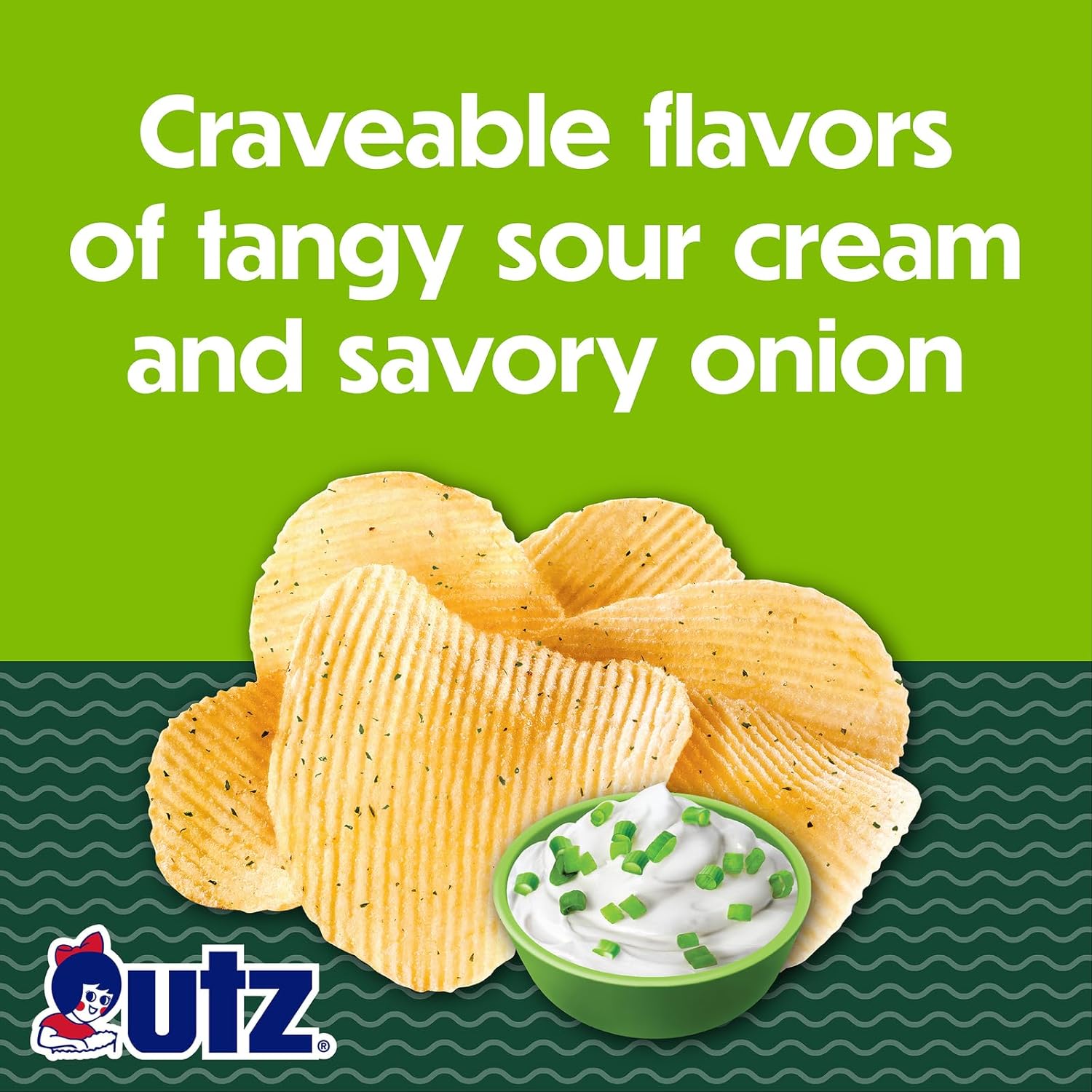 UTZ chips with sour cream and onion dip on a green background