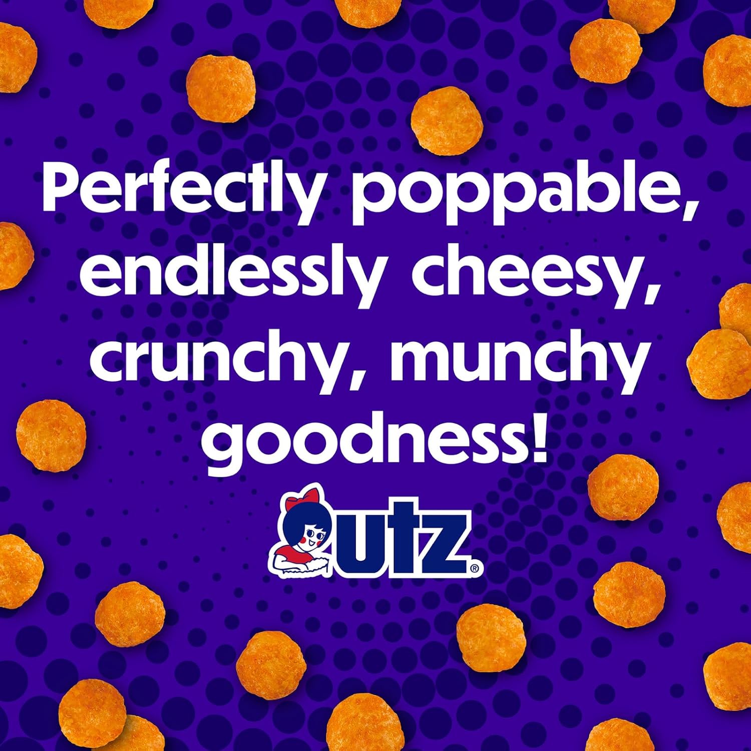 UTZ cheese puffs advertisement with text on a purple background