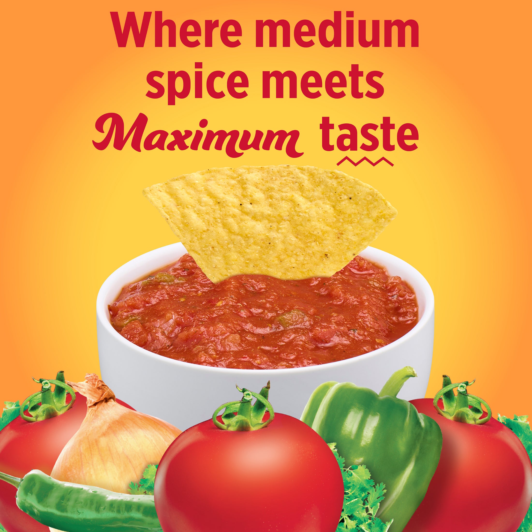 Tortilla chip dipping into salsa with text 'Where medium spice meets Maximum taste' on an orange background