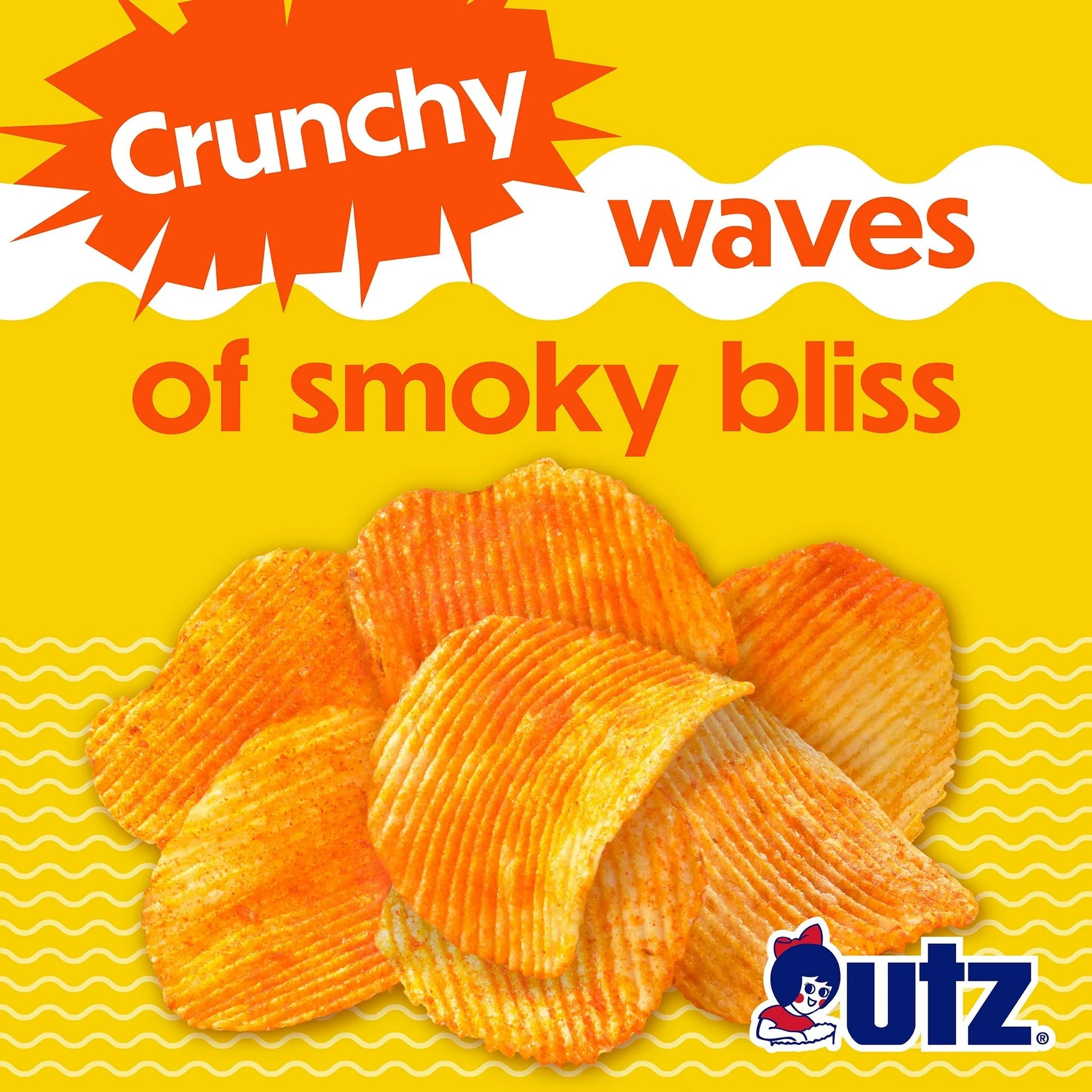 Utz crunchy waves of smoky bliss chips on a yellow background with brand logo.