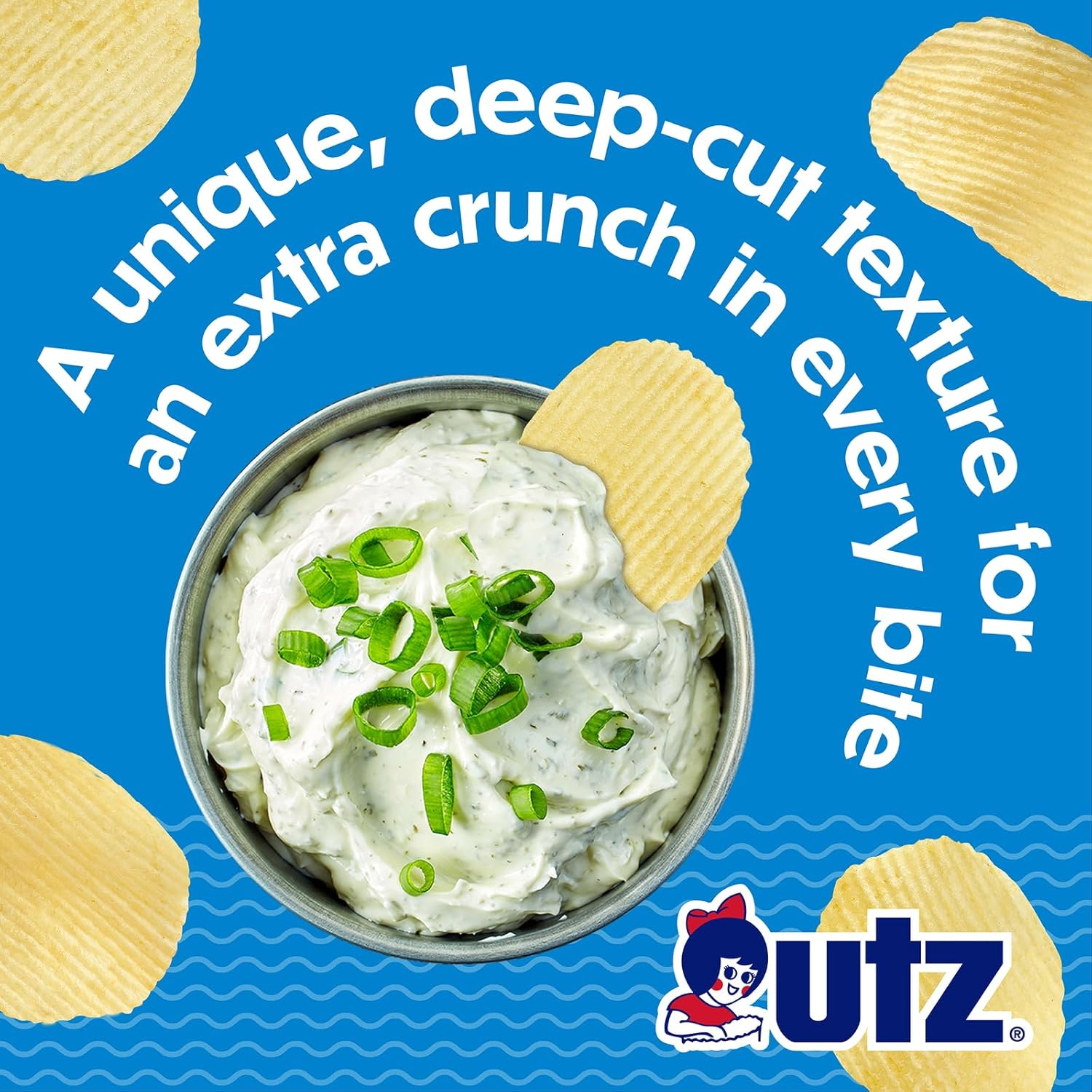 Dip with green onions and Utz chips on a blue background with Utz branding.