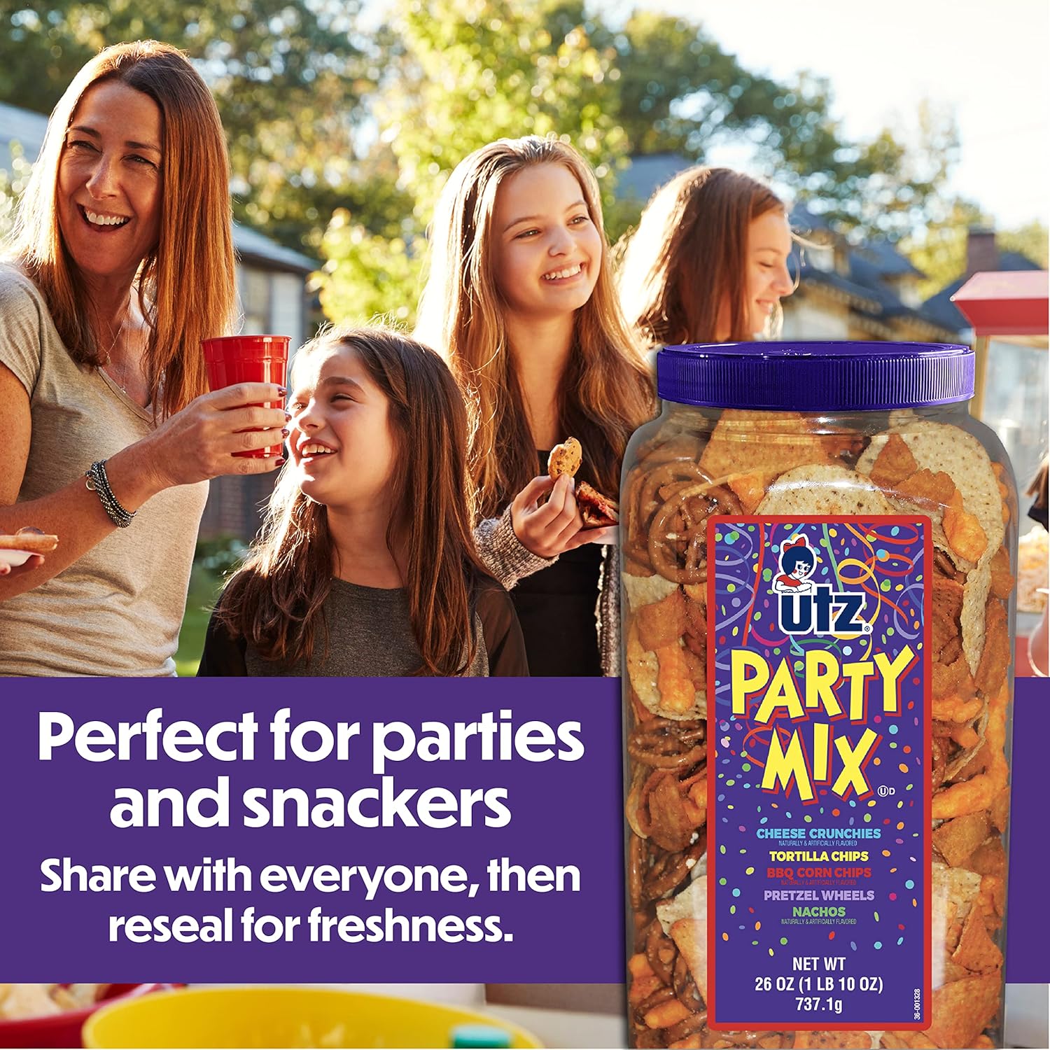 UTZ Party Mix jar with a family enjoying snacks outdoors, text about parties and snacking.
