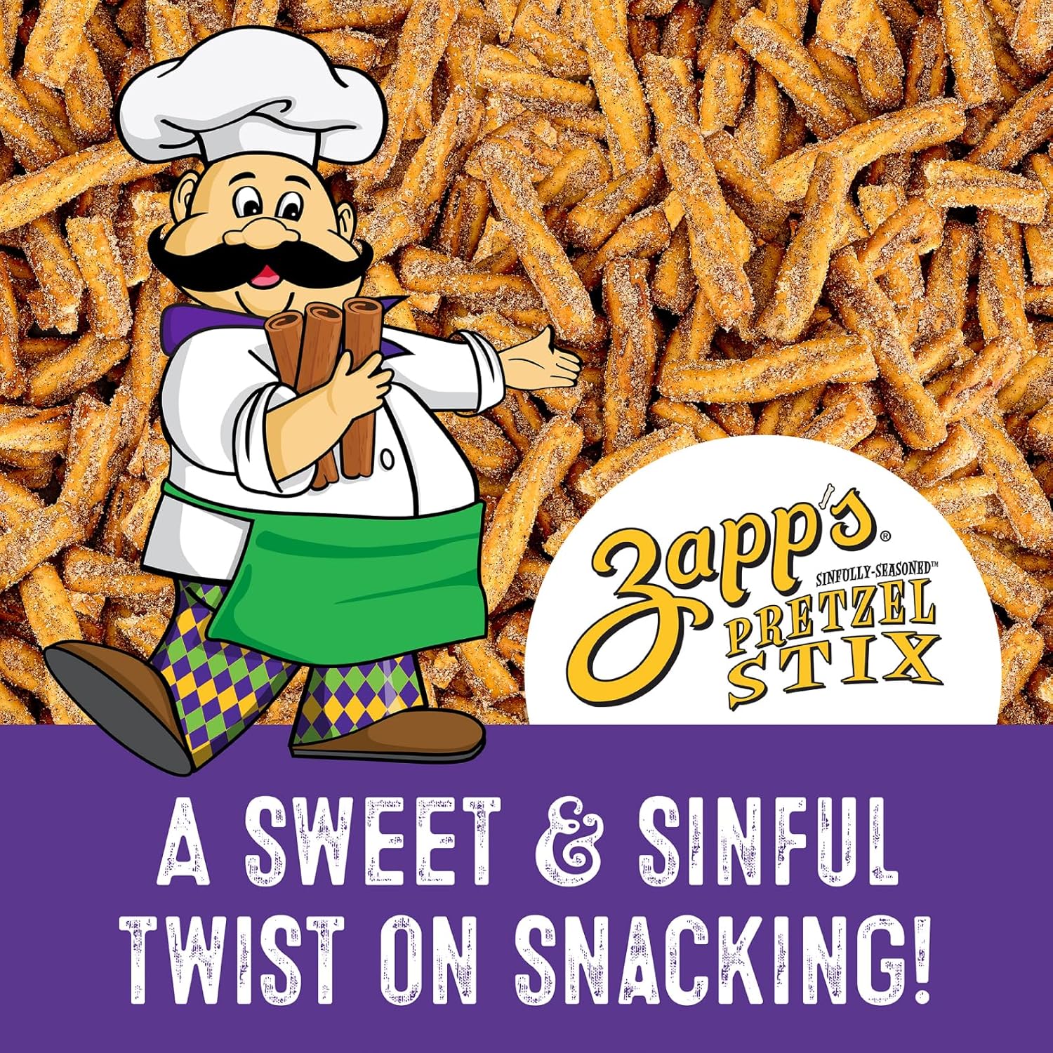 Cartoon chef with Zapp's Pretzel Stix and promotional text on a background of pretzel sticks.