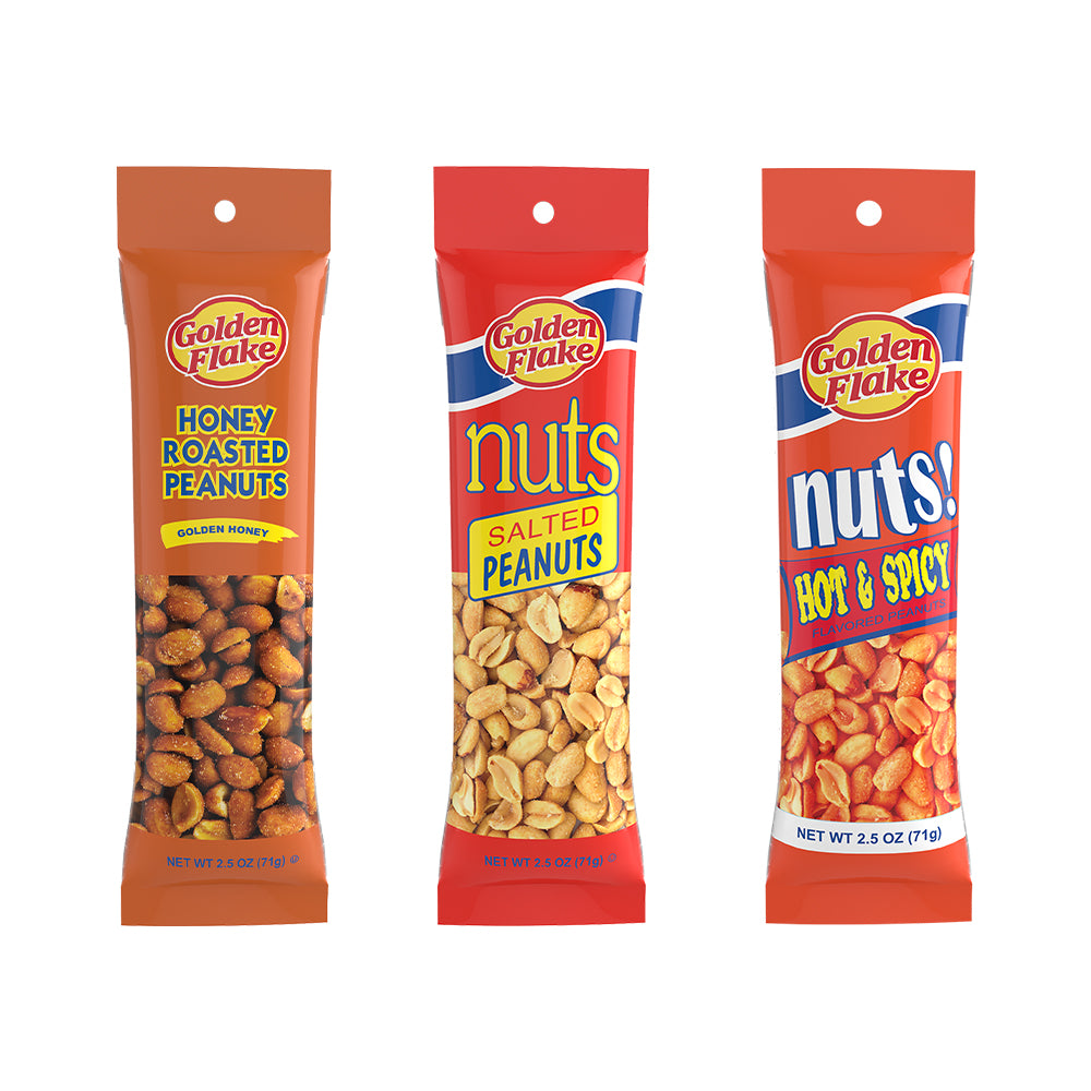 Golden Flake Nuts Variety Pack – Salted, Hot & Spicy, and Honey Roasted Peanuts (2.5oz Bags)