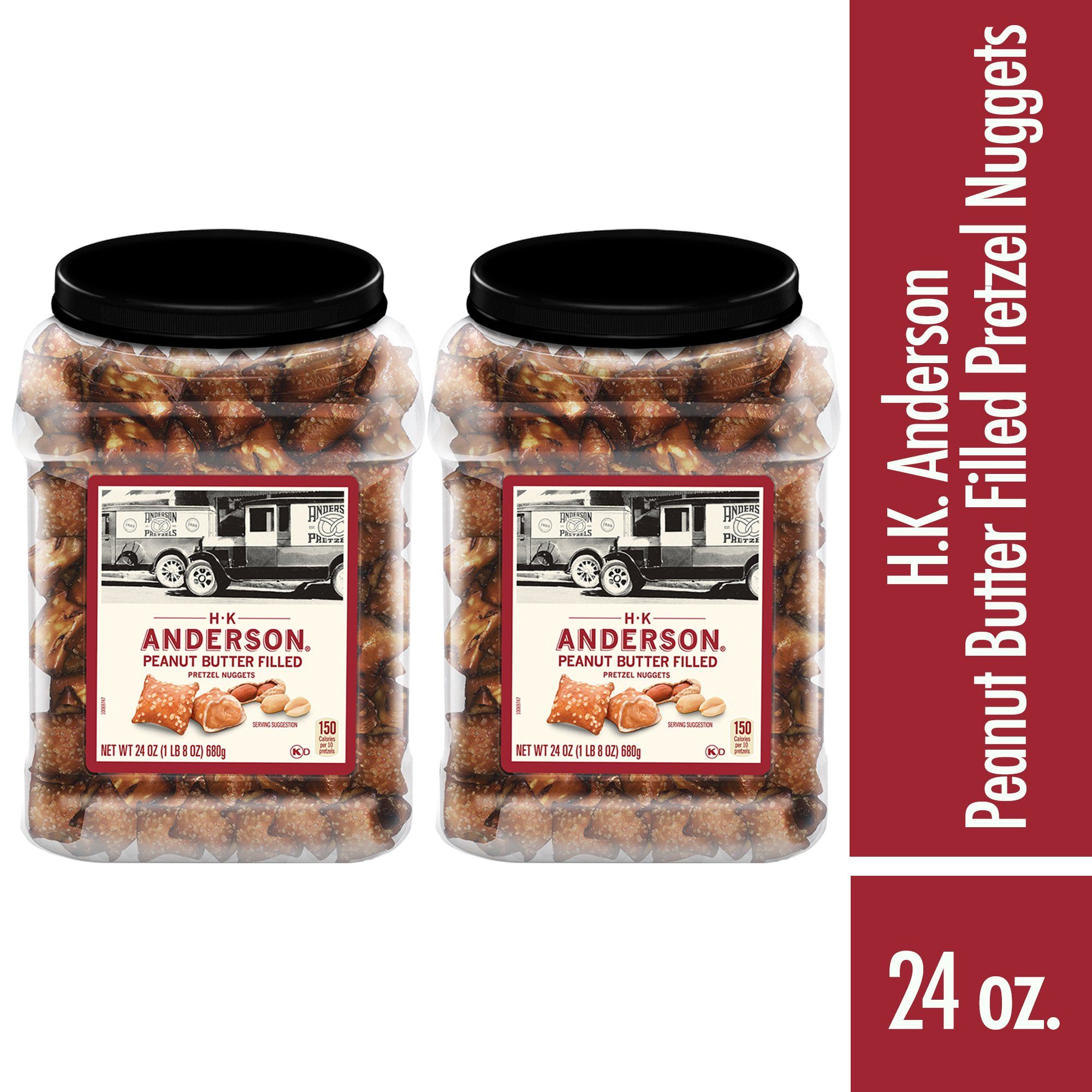 Two jars of H.K. Anderson Peanut Butter Filled Pretzel Nuggets with a red label on a white background.