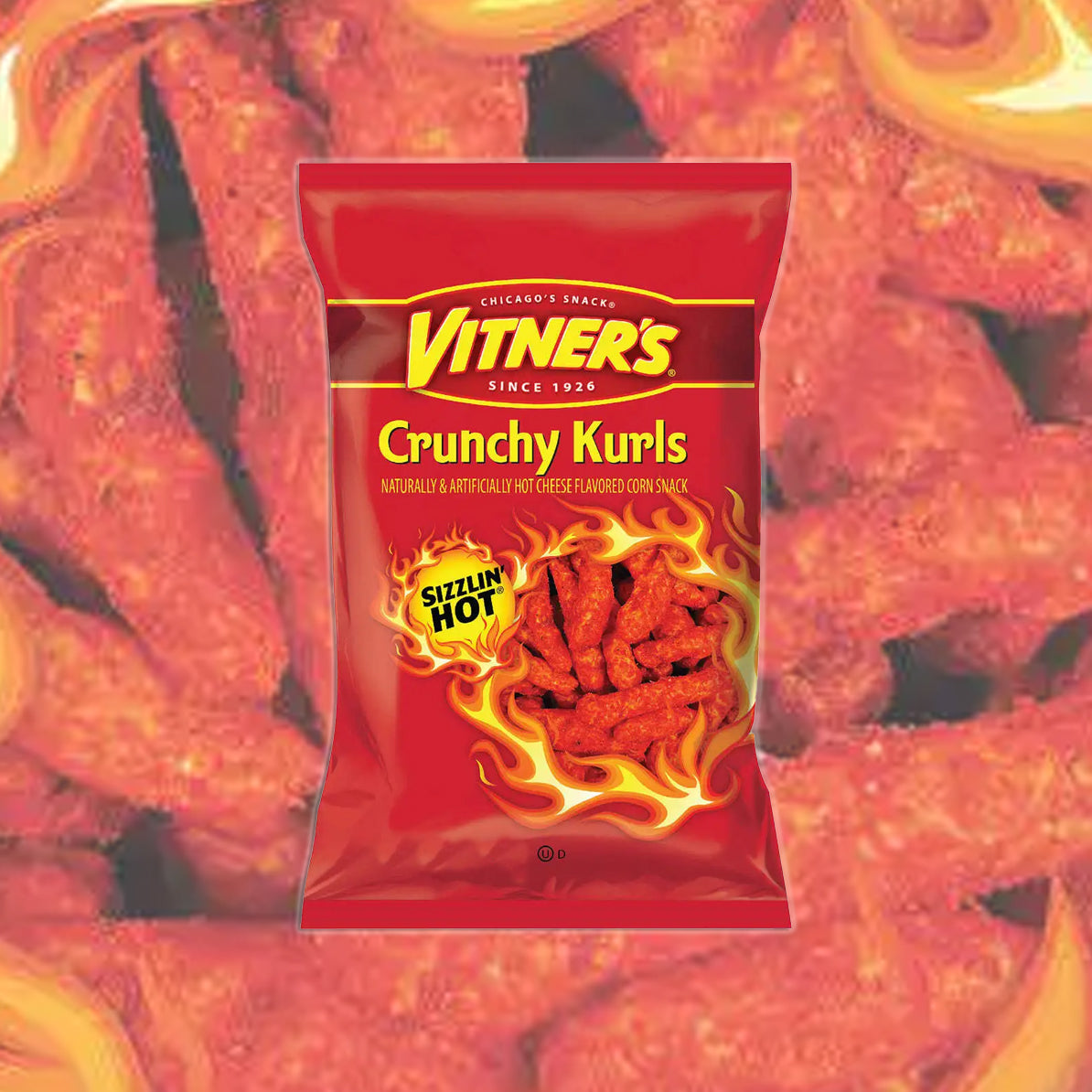 Vitner's Crunchy Kurls Sizzlin' Hot snack packet with a fiery design on a background of similar snacks.