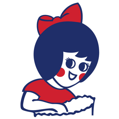 Cartoon character with blue hair and red bow holding a piece of bread on a white background