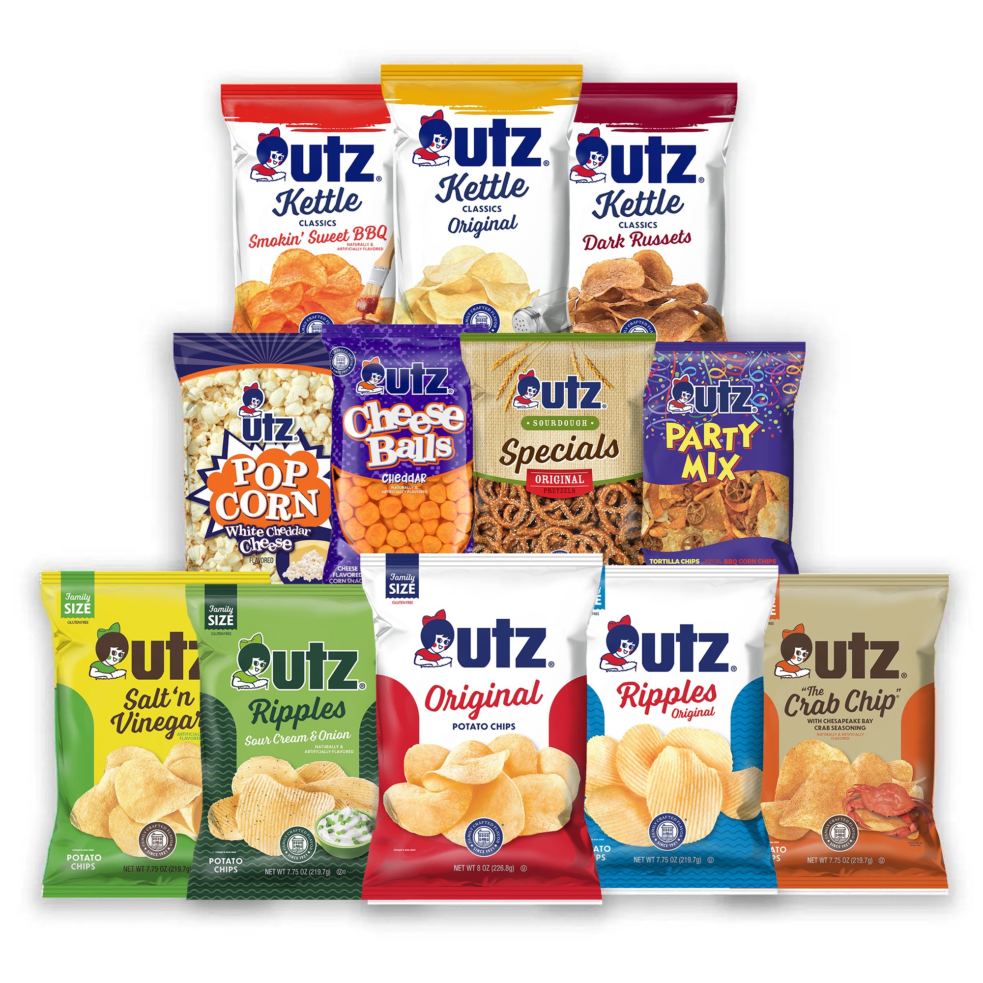 Assorted Utz snack packages on a white background