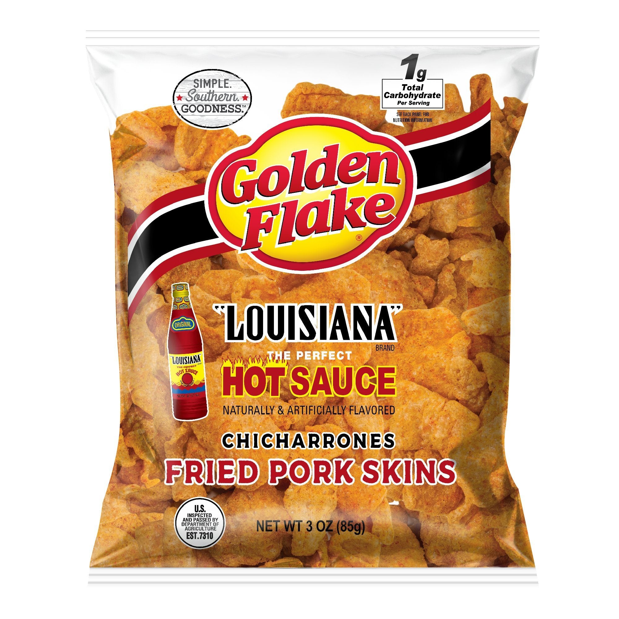 Golden Flake Pork Skins, Louisiana Hot Sauce Pork Rinds & Cracklins Golden Flake 3 oz. - 16 count 