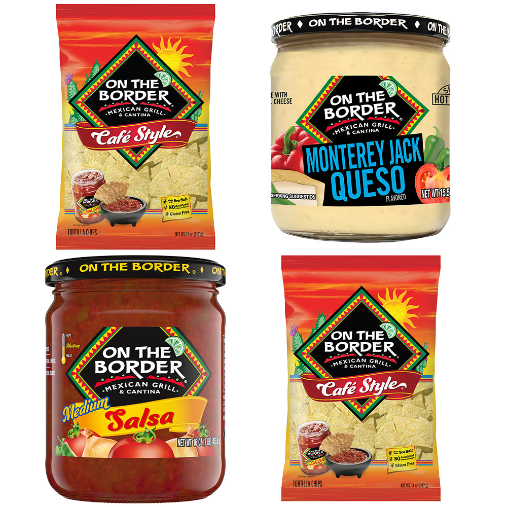 On The Border Party Starter Bundle — 2 Classic Café Style Chips + Medium Salsa + Monterey Jack Queso