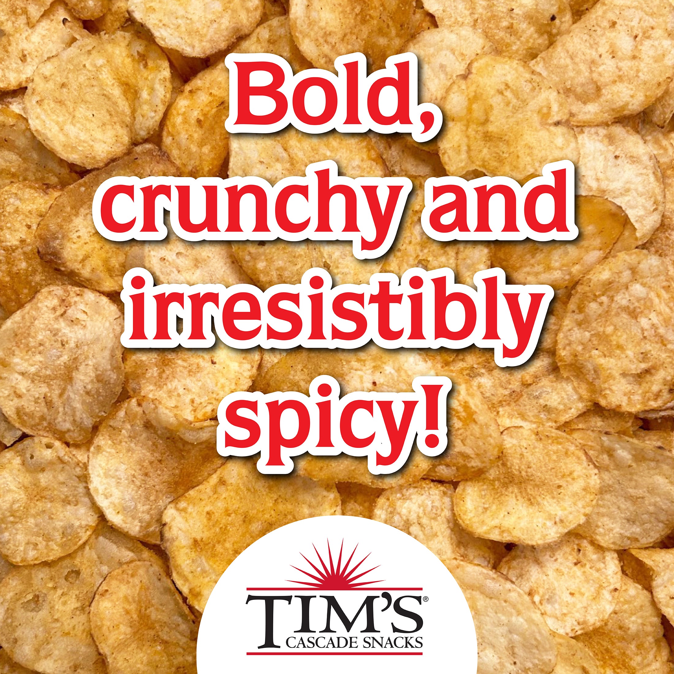 Spicy chips with text 'Bold, crunchy and irresistibly spicy!' and Tim's Cascade Snacks logo.